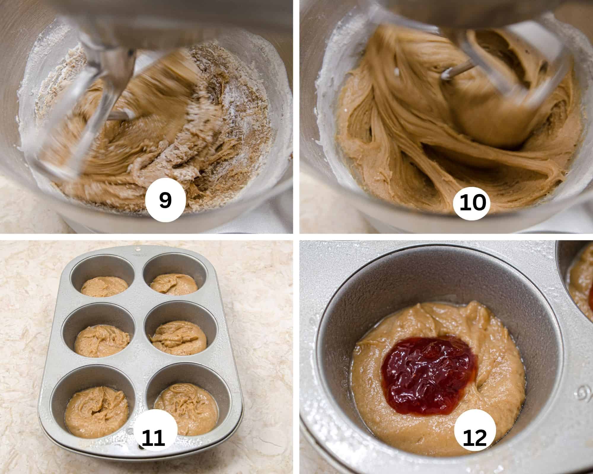 This collages show the last of the flour being beaten and and the finished batter, the bottom layer of batter in the muffin tins and the preserves in the middle of one of the muffin bottoms.