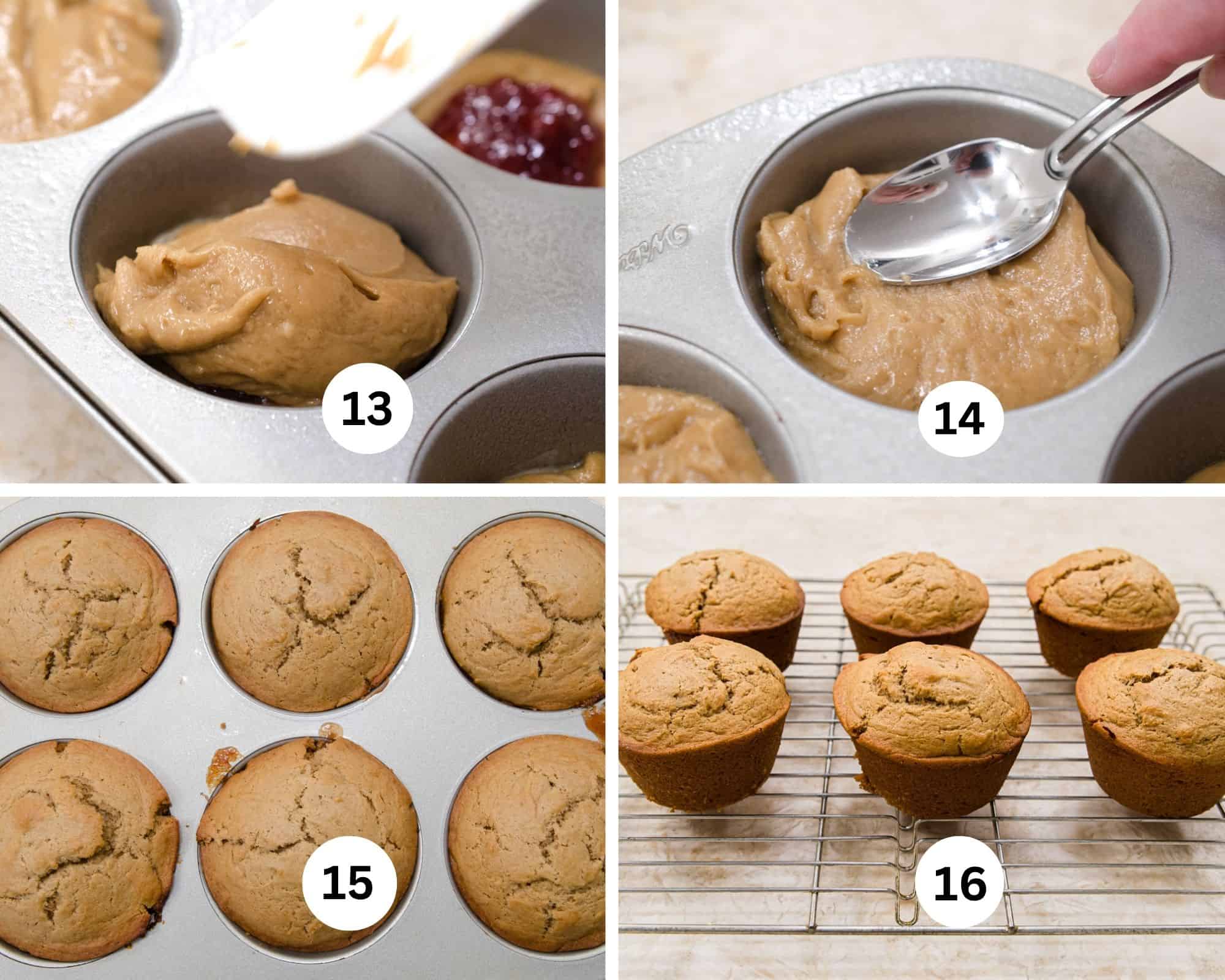 The last college shows the remaining batter being placed on top of the jam, a spoon is evening it out and pushing it to the sides, the baked muffins in the pan and on a cooing rack. 