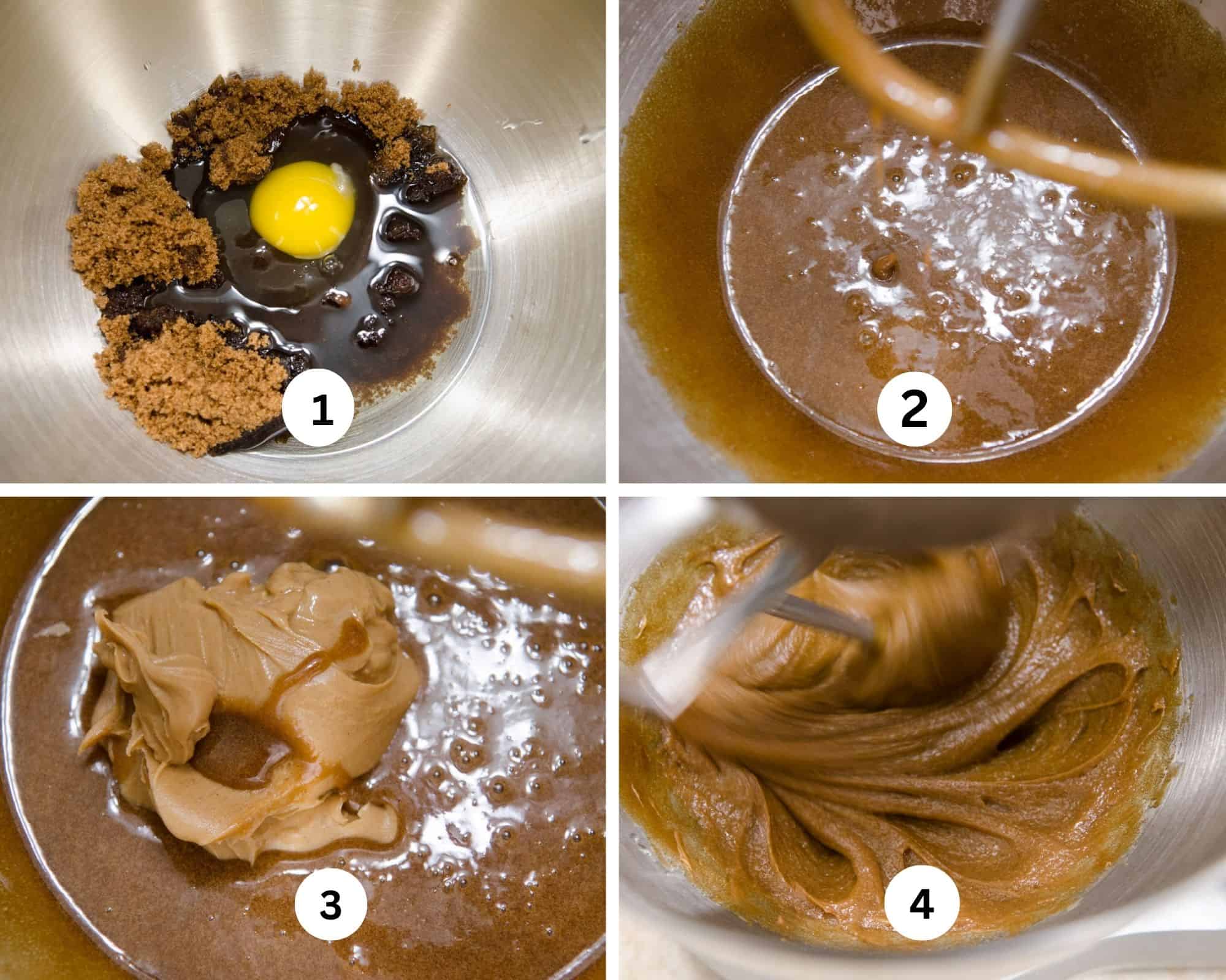 The first collage sows the liquid ingredients in a mixing bowl, mixed, the peanut butter added and mixed. 