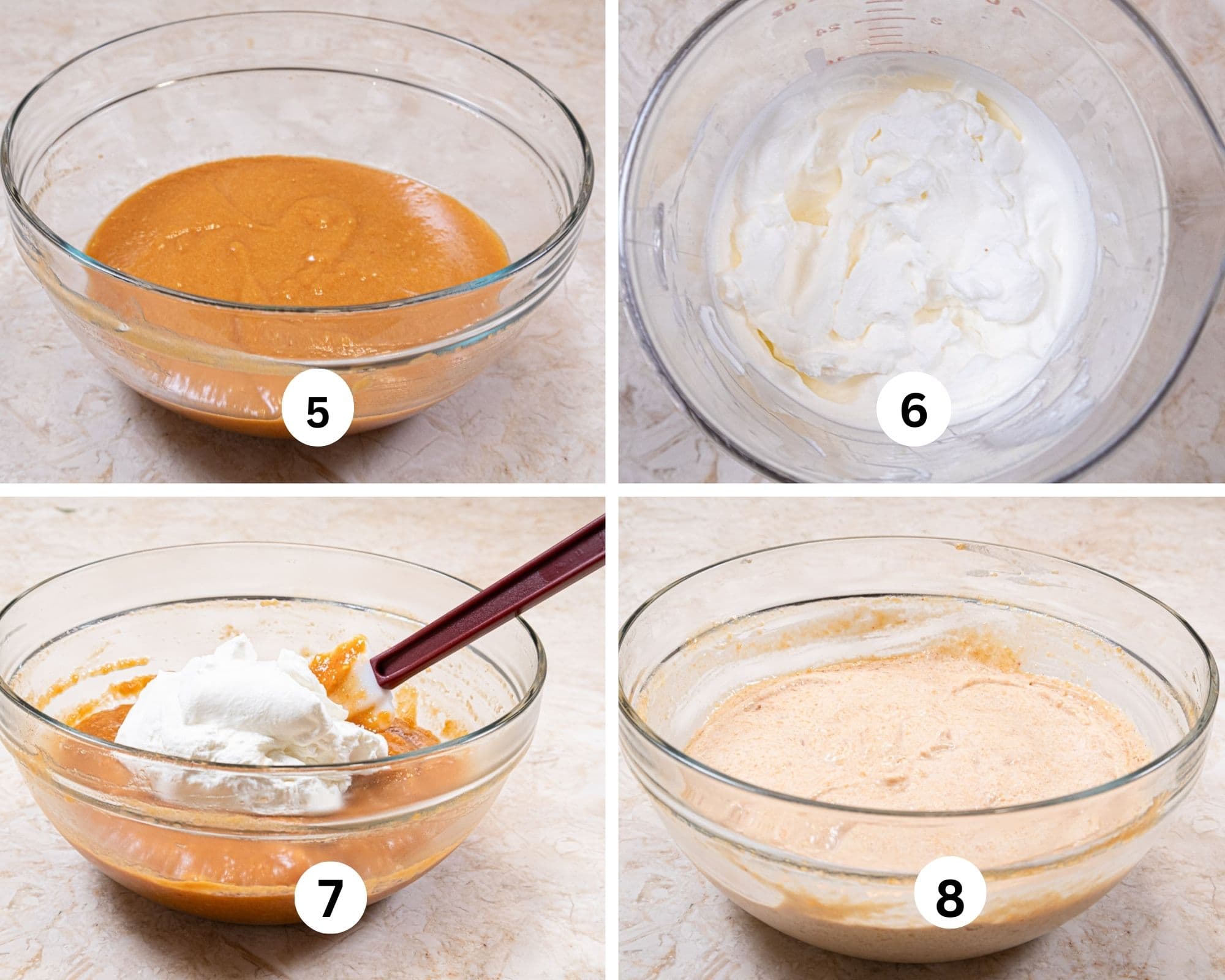 This collages shows the cream whipped to soft peaks, the bowl of puree partially set, the cream added to the puree and then folded in.