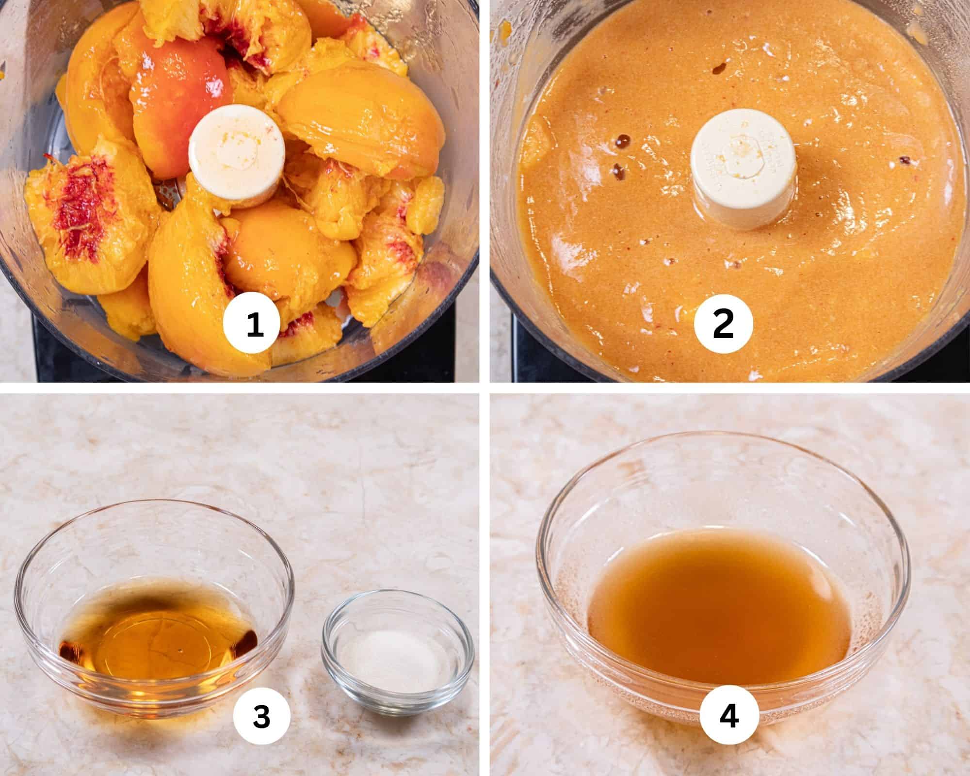 The first collage for the Peach Mousse includes the peeled peaches in the processor, processed, the amaretto and gelatin then mixed. 