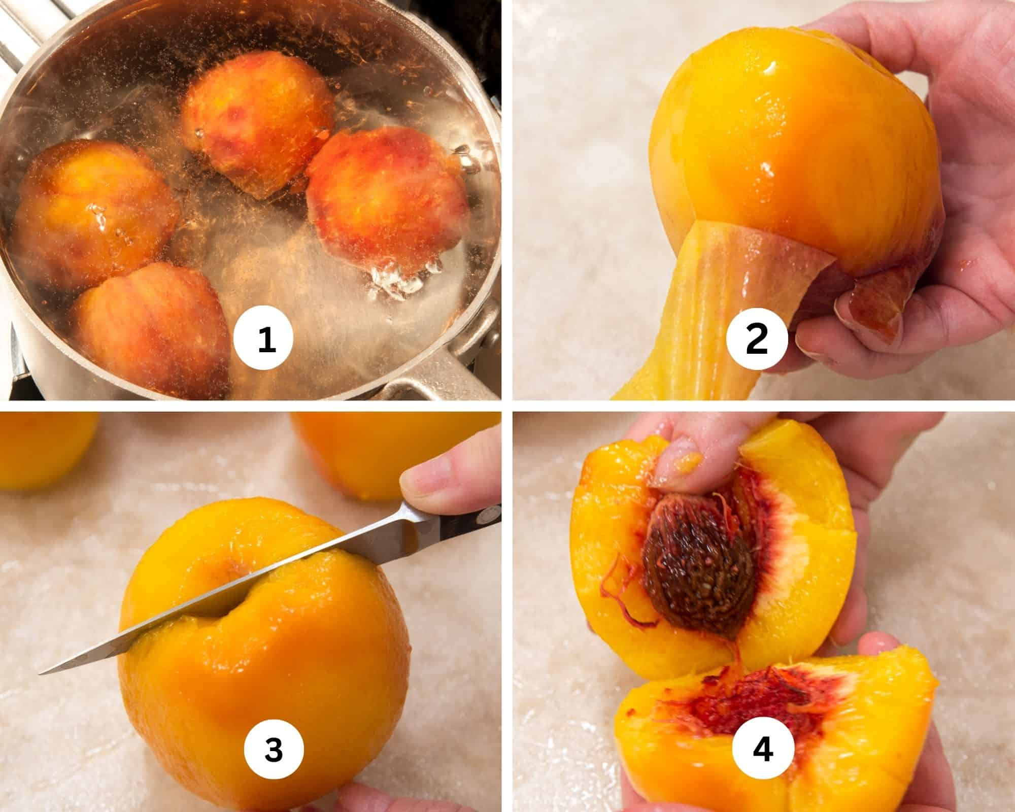 This collage of the peaches being peeled for the Peach Mousse include the peaches in boiling water, the skin being removed, the peaches being cut on their equator and the broken open.