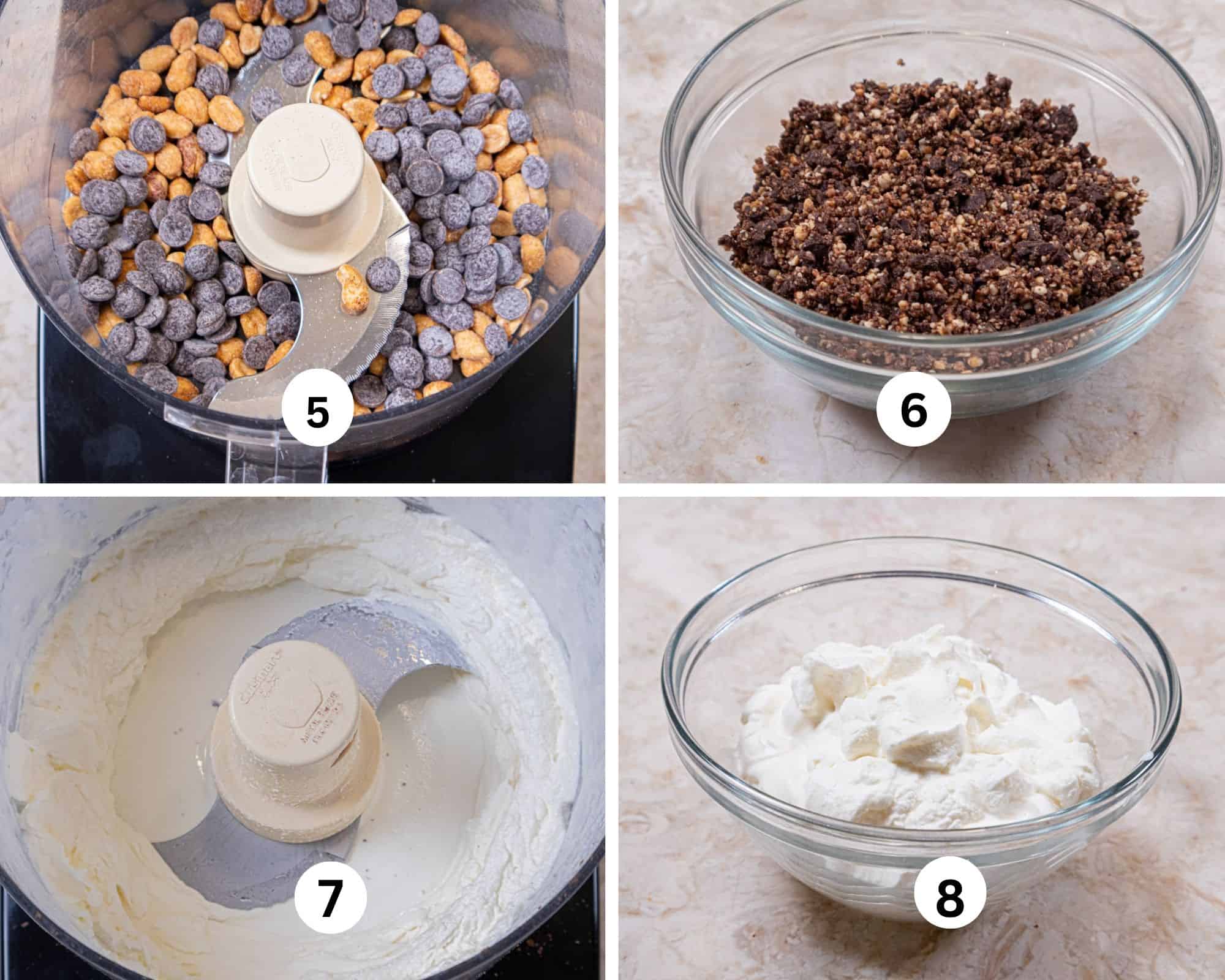 This collages shows the peanuts and chocolate being processed into finer chunks for the gravel on top of the cheesecake as well as inside, the whipped cream processed until firm and then transferred to a bowl.