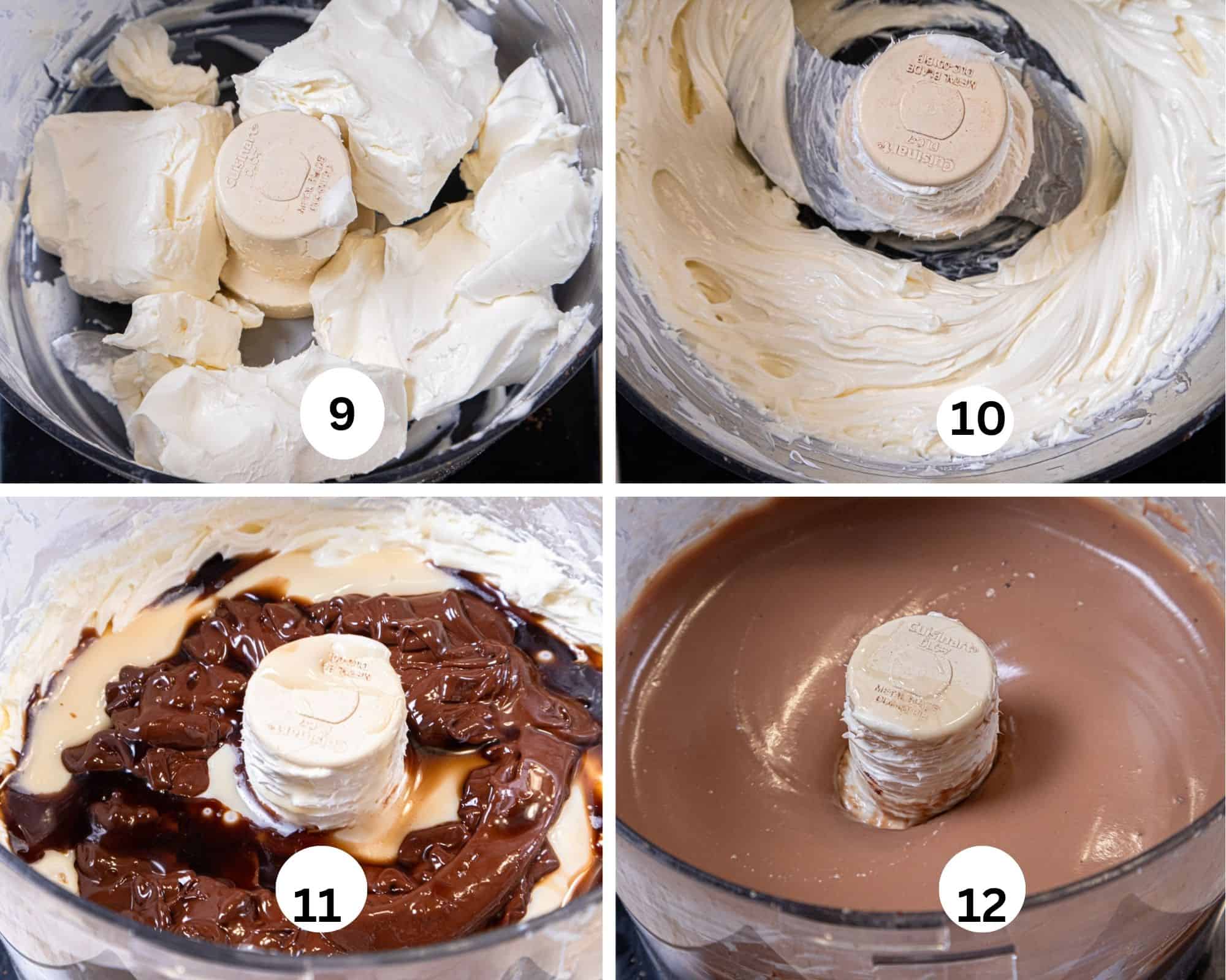 This collage shows the cream cheese nthe processor bowl, processed, the chocolate, condensed milk and vanilla added and the mixure processed. 