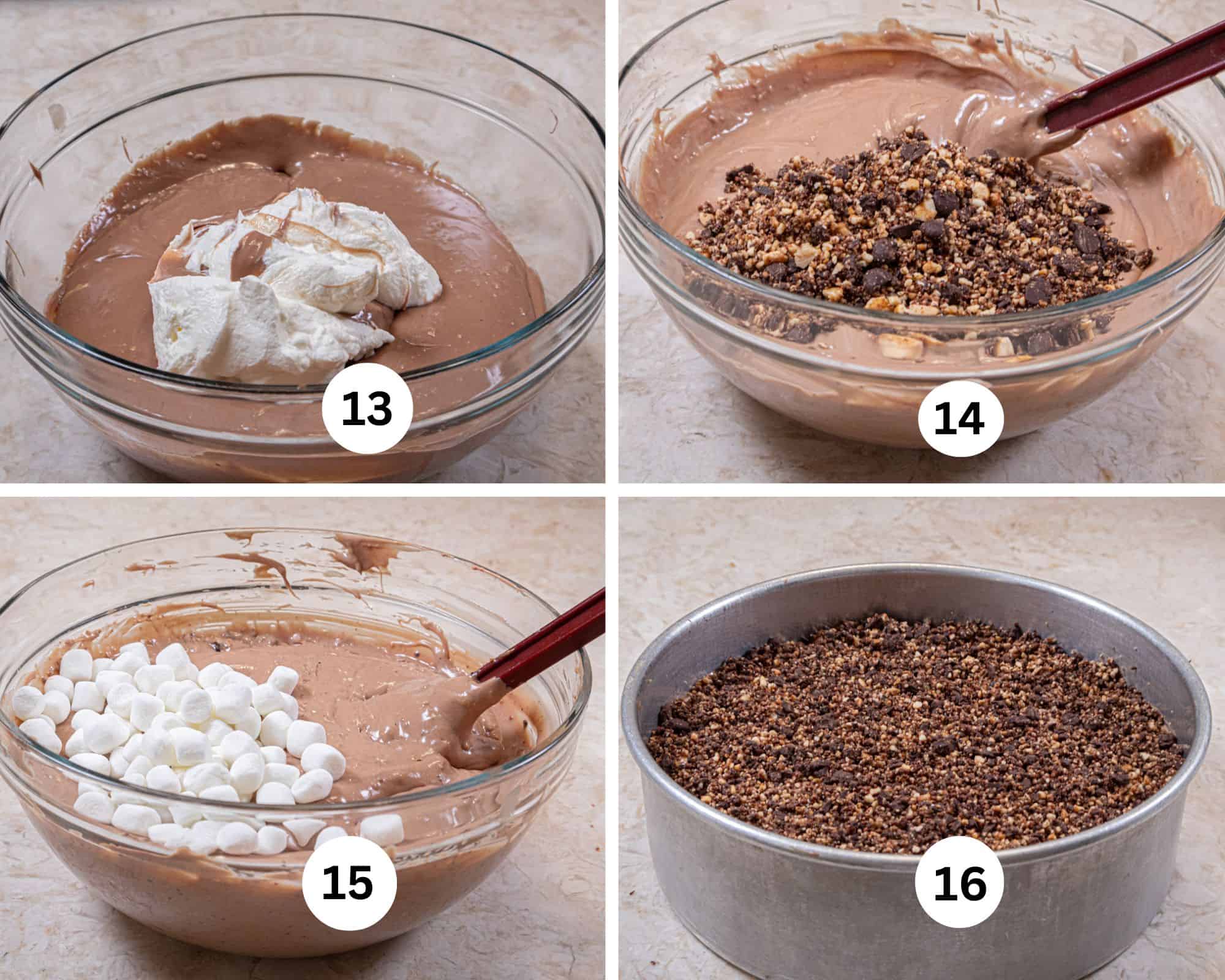 In this collage the whipped cream is added to the cheesecake batter, the peanuts, chocolate and marshamallows are added to the batter and the cheesecake is poured into the pan and topped with the gravel.