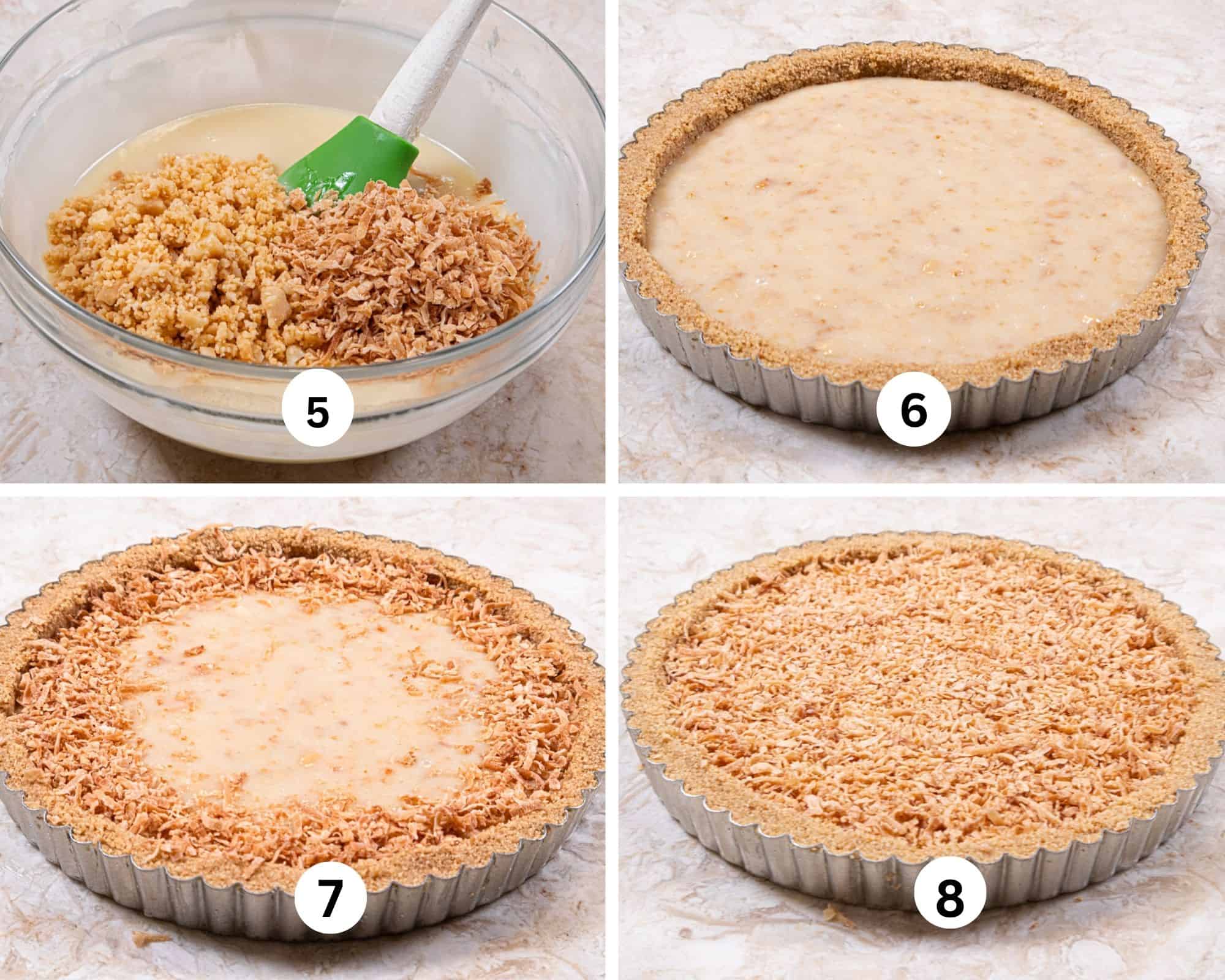 This collage shows the coconut and macadamia nuts being stirred into the white chocolate then poured into the graham crust, the remainder of the coconut around the edges of the tart and then covering it completely.
