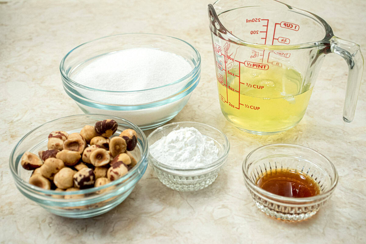 The hazelnut meringues include granulated sugar, egg whites, cornstarch, vanilla extract and hazelnuts .