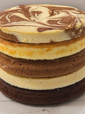 The opening photo for Multiple Cake Layers from 1 Recipe includes white, yellow, marble, 2 different chocolate layers and 3 citrus versions.