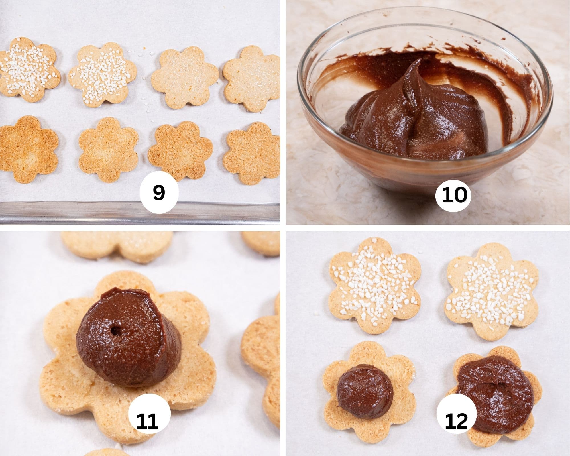 The last collage shows the cookies being assembled into sandwiches with the cookie top and bottom lined up, the sour cream ganache made, dropped on the bottom cookie and spread out. 
