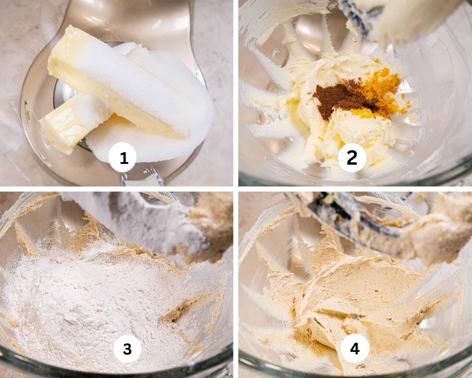 This collage shows the butter and sugar in the mixer, the spices and orange zest added, the flour added and the finished dough. 