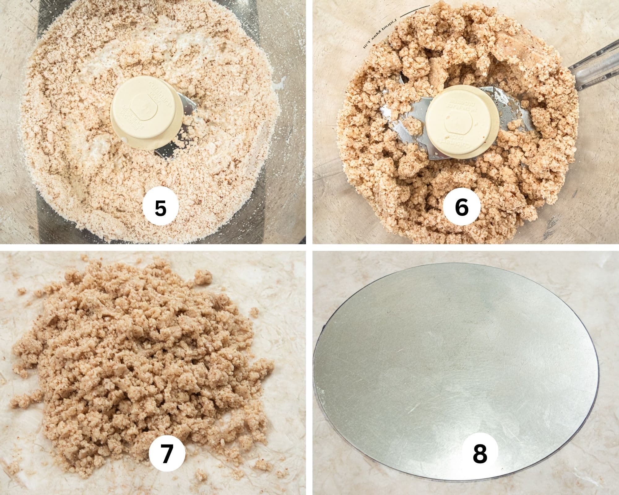 In this collage, cream is poured over the mixture in the processor and processed unti large crumbs form, the crumbs are poured onto a work surface and the bottom of the tin is place on a piece of parchment paper.