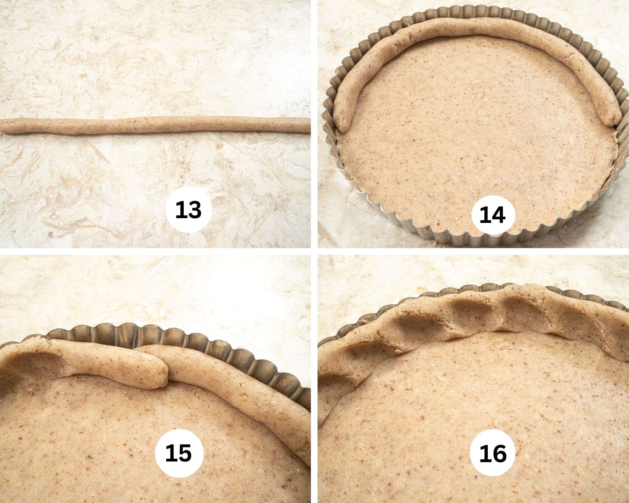 This collage shows the sides of the dough being added to the tart pan with a rope of dough being rolled out, place on the side of half of the pan, the ends of the ropes covering the side of the pan joined and pressed against the rim.