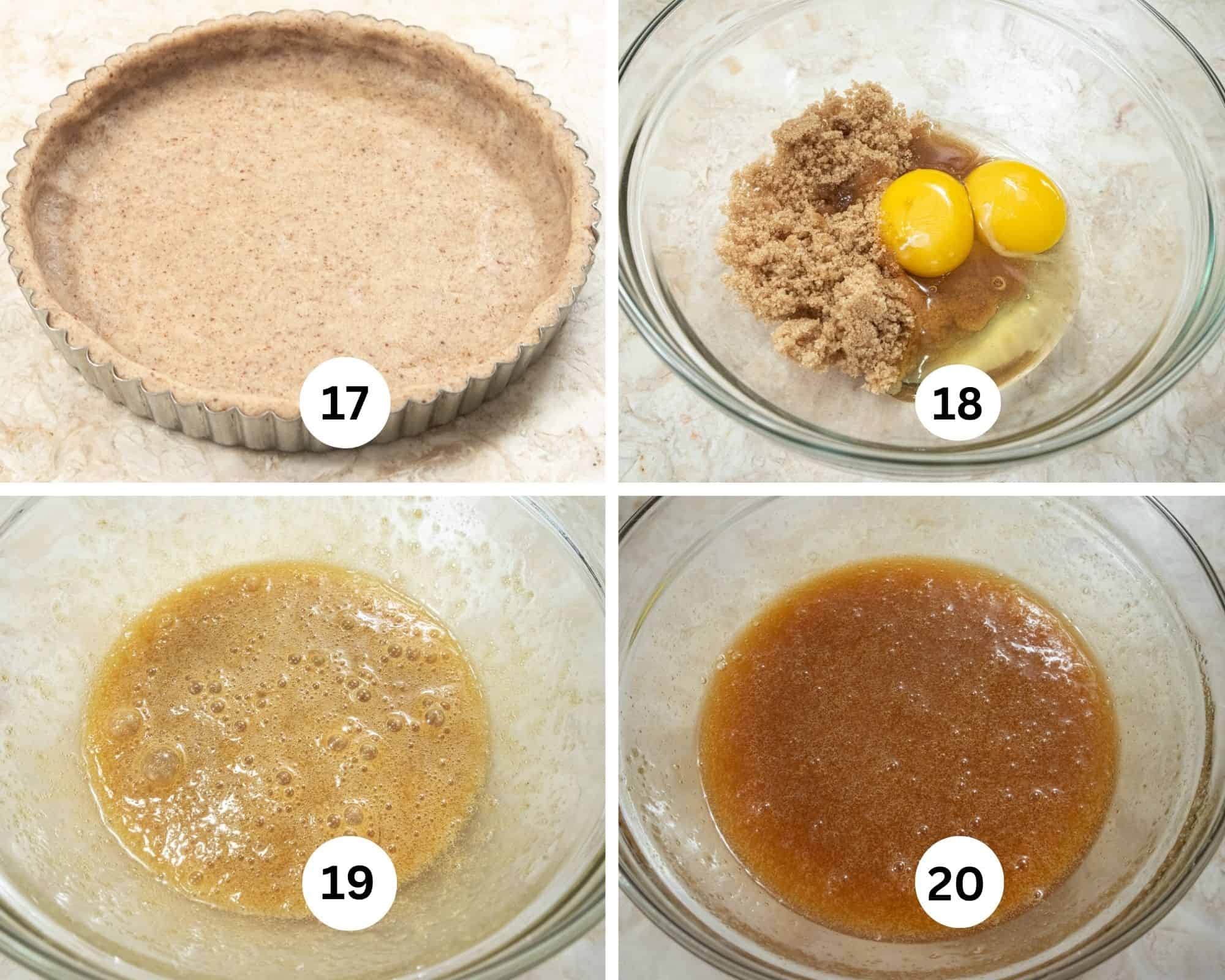 This collages shows the pecan crust completed, the brown sugar, egg and egg yolk in a bowl, whisked together and the golden syrup added.