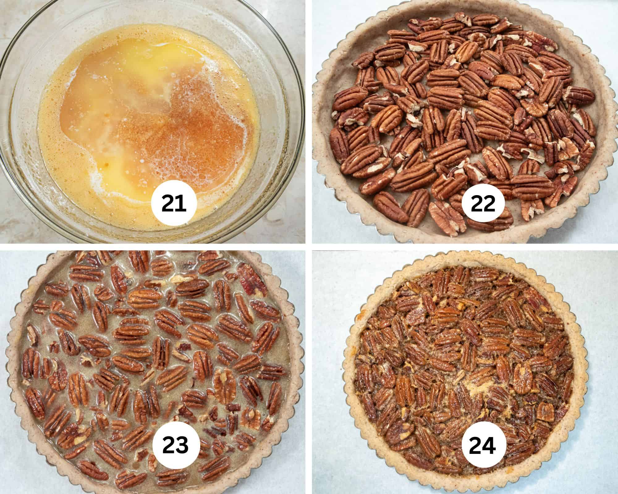 The final collage shows the rum, butter and salt added to the bowl, the toasted pecan halves lining the par baked crust in a single layer, the liquid poured over and the tart baked.