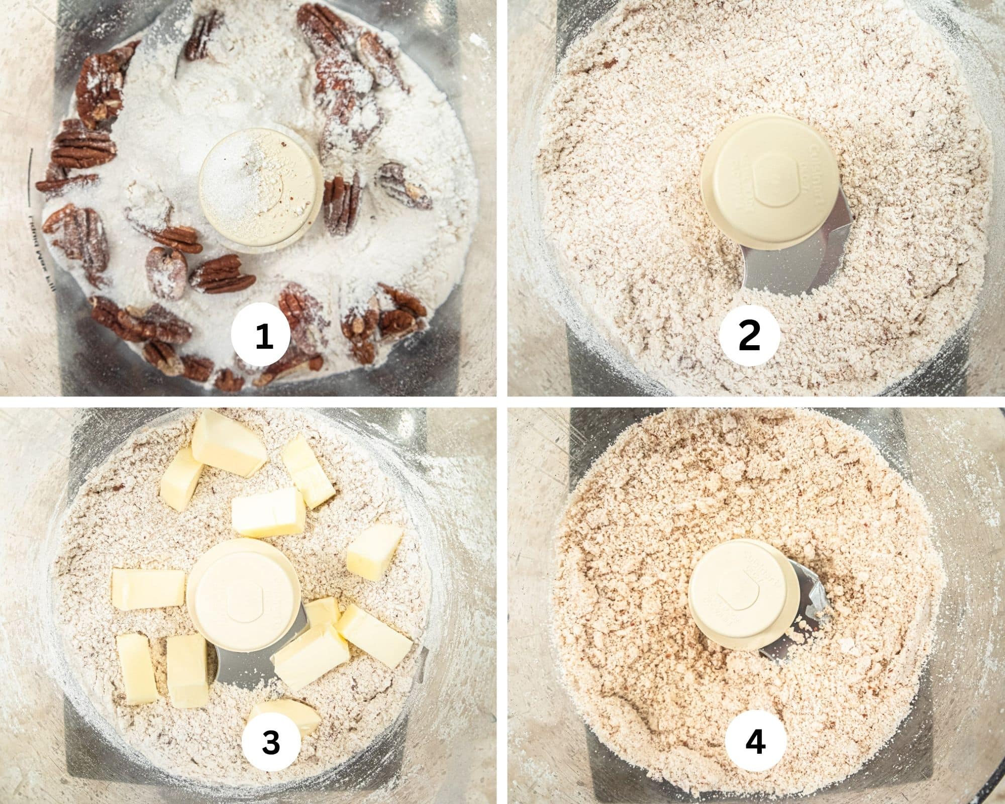 The first collage for the Butter-Rum Pecan Tart Recipe shows the toasted pecans in the processor blow wth the flour, sugar and salt, then processed, the butter added and   then processed. 
