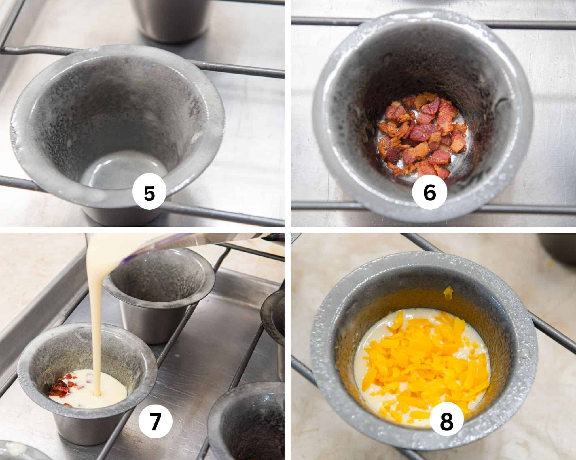 The second collage shows a popover cup well sprayed with baking release, the bacon in the bottom, the batter being poured in and the cheese on top, 