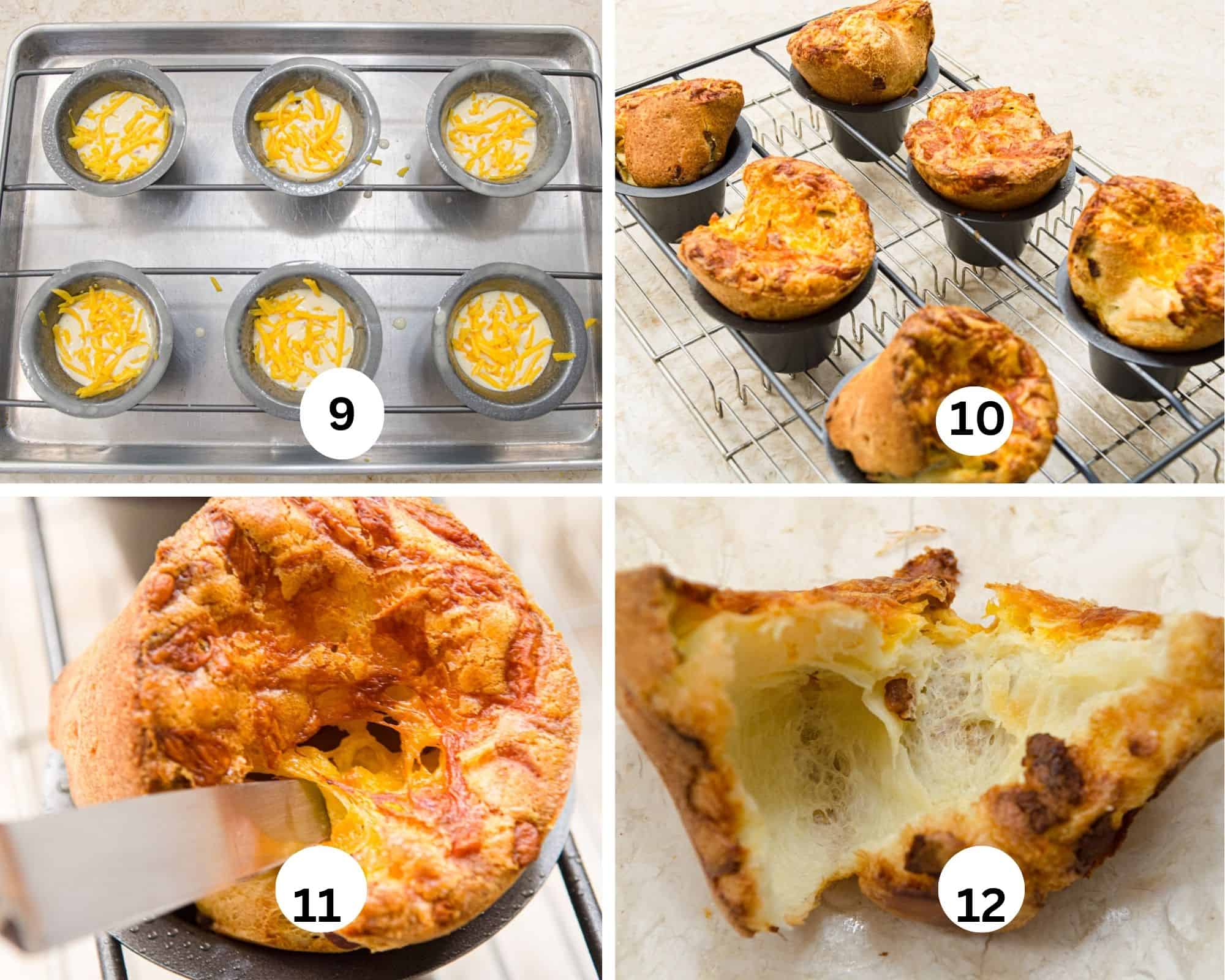 The last collage shows a 6 cup popover pan filled, the baked popovers on a rack, a knife slitting the top of one and a popover opened up to expose the inside. 