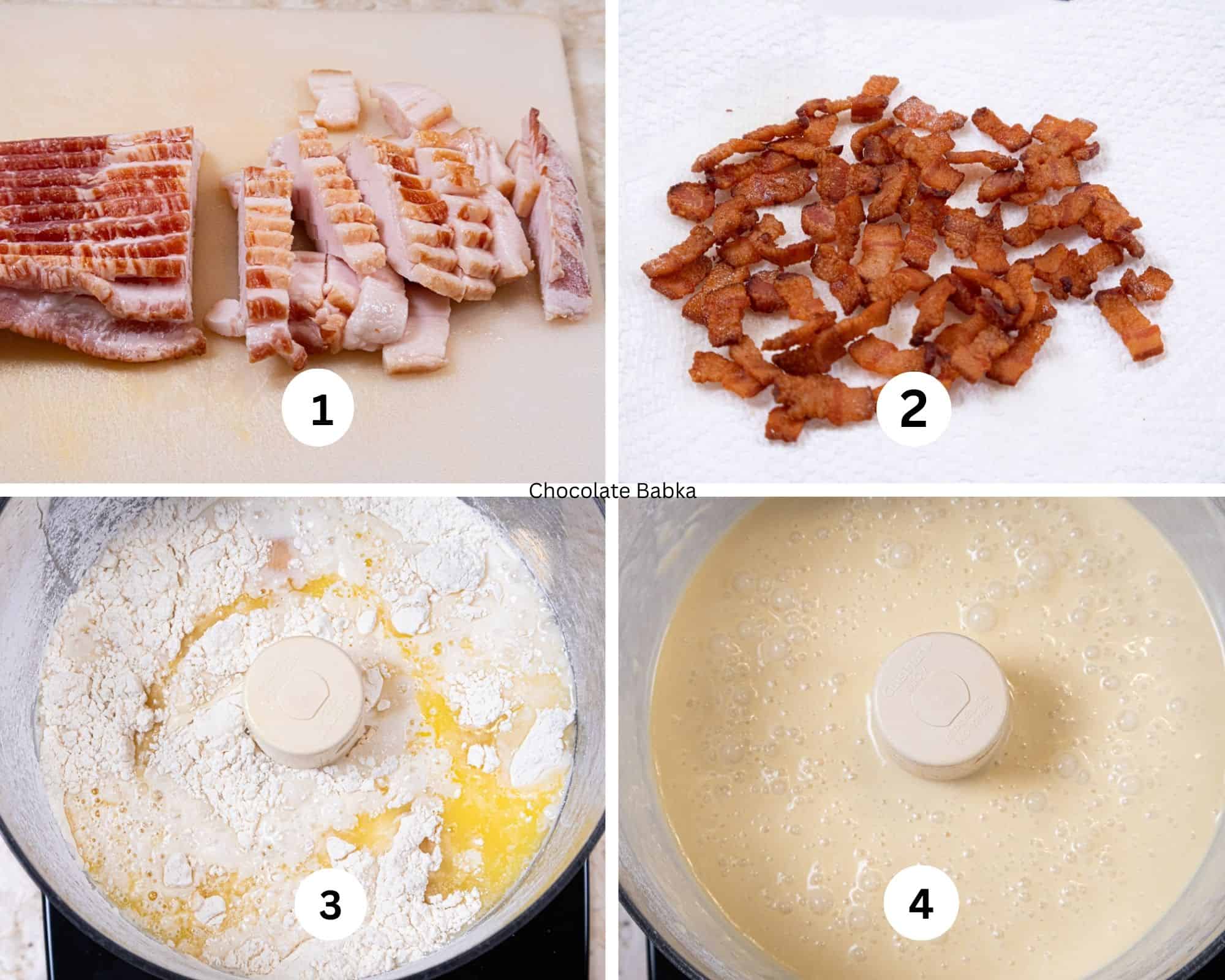 This collage for the Cheddar Bacon Popvers include the bacon being cut, the cooked bacon, the ingredients in the food processor and then processed. 