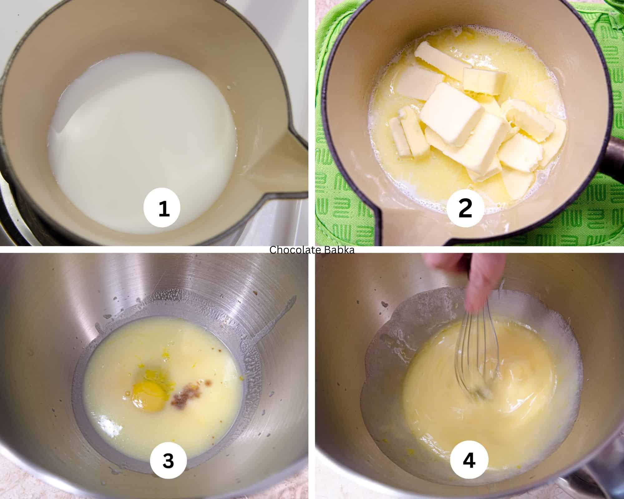 The first collage shows the milk being heated, the butter, sugar and salt added to the hot milk then transferred to a mixing bowl, and being whisked.