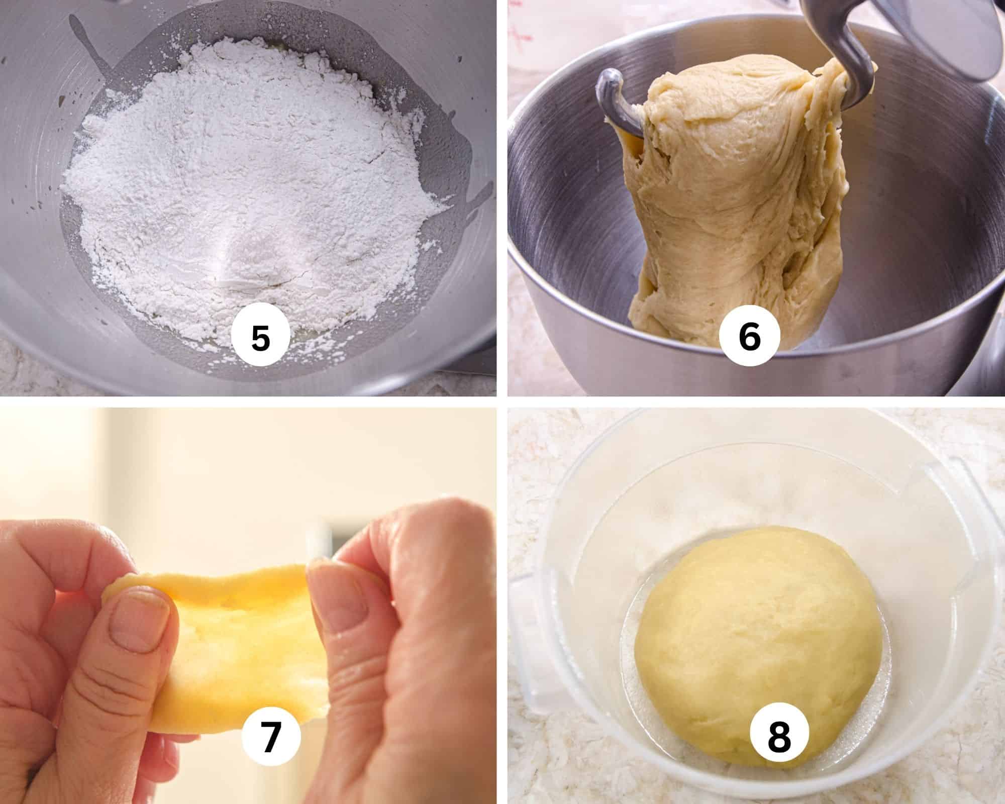 This collage shows the flour added ot the mixing bowl, the dough hanging off the dough hook, a small piece of dough stretched into a window pane and the finished dough in a rising container. 