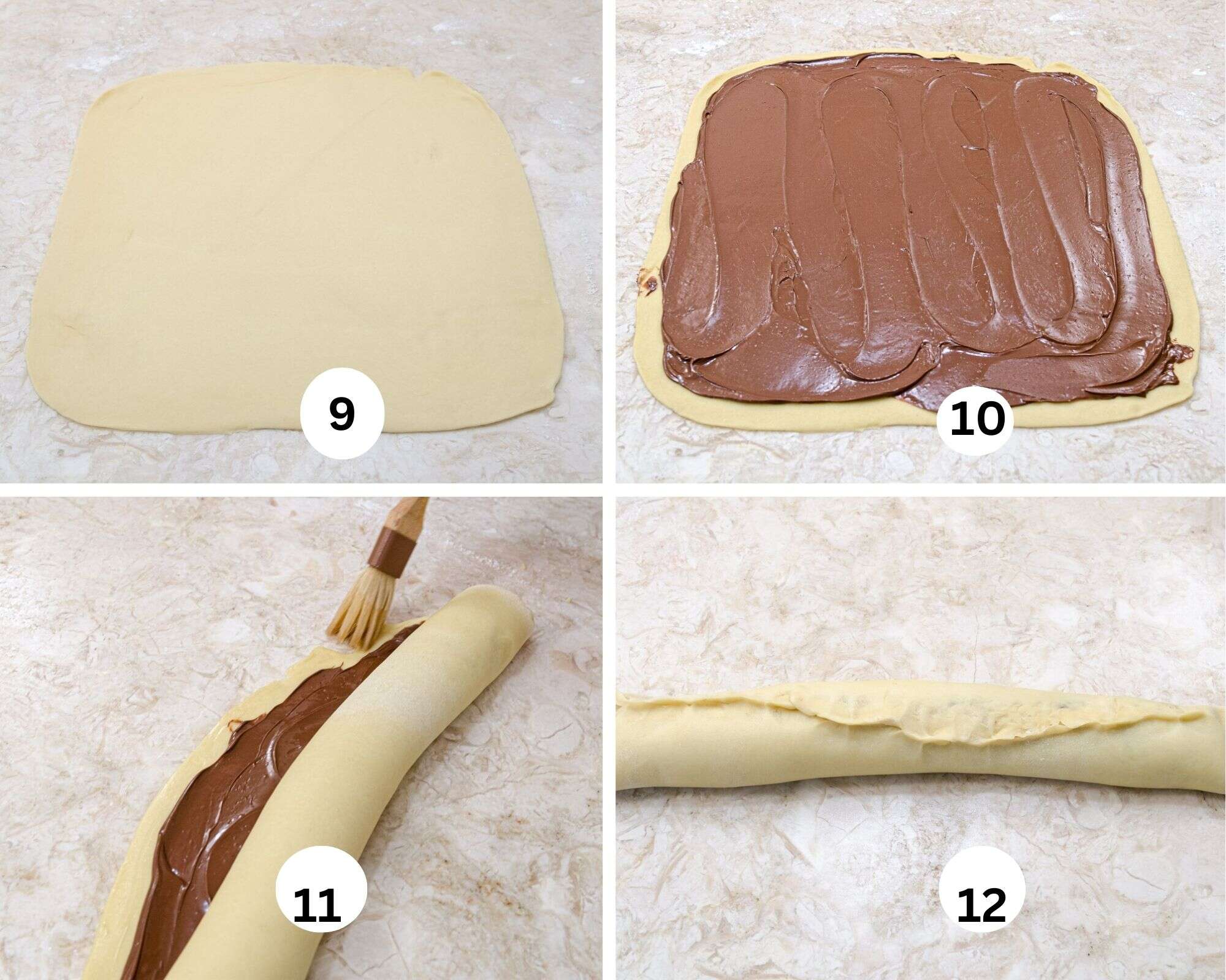 This collage shows the dough rolled out, the nutella spread on, the dough rolled up and he seam being moistened, the dough and ends being pinched together. 