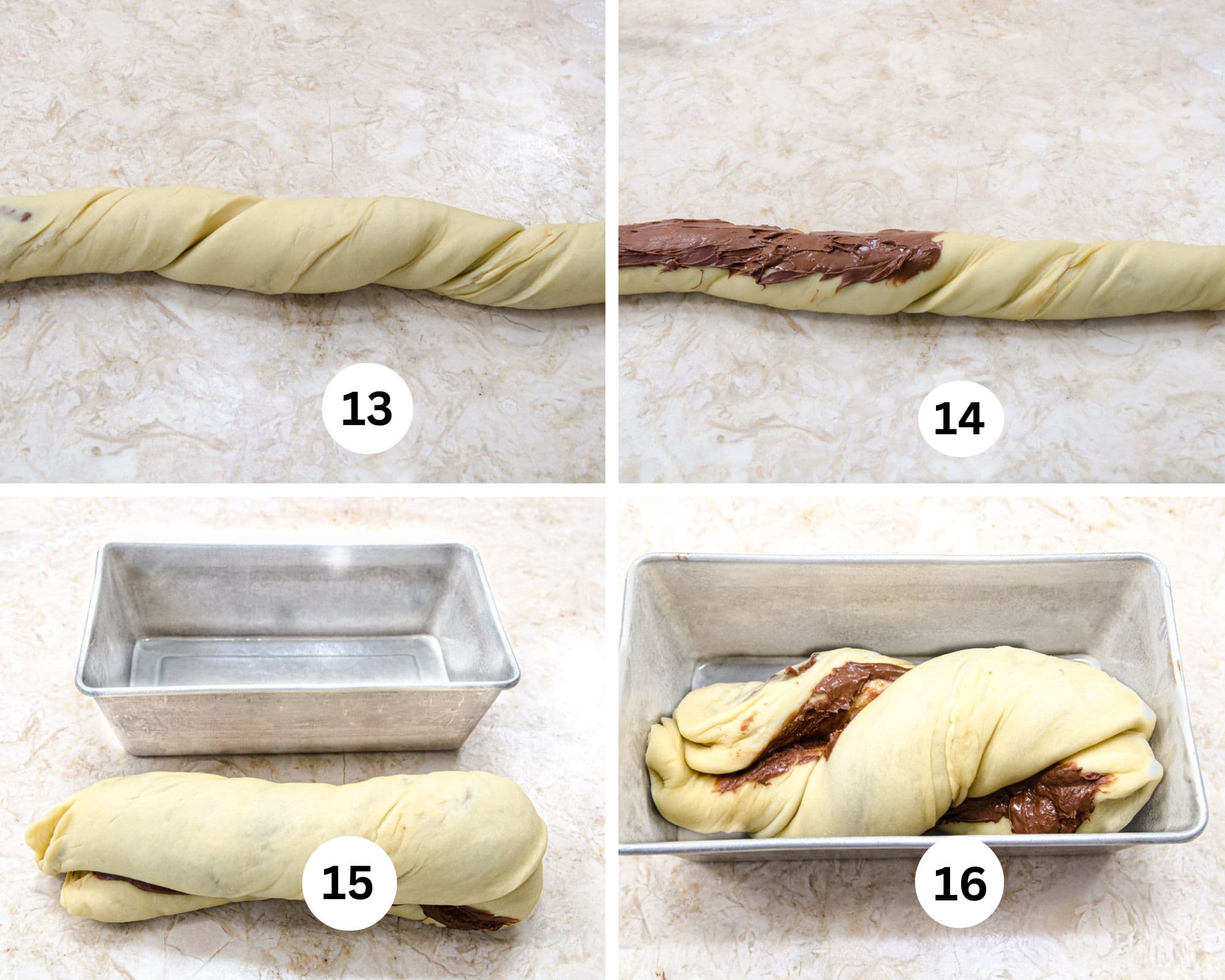 This collage shows the roll being twisted, nutella spread on half of the twisted roll, the the plain half folded over the nutella, the babka with the pan behind it and the babka in the pan.