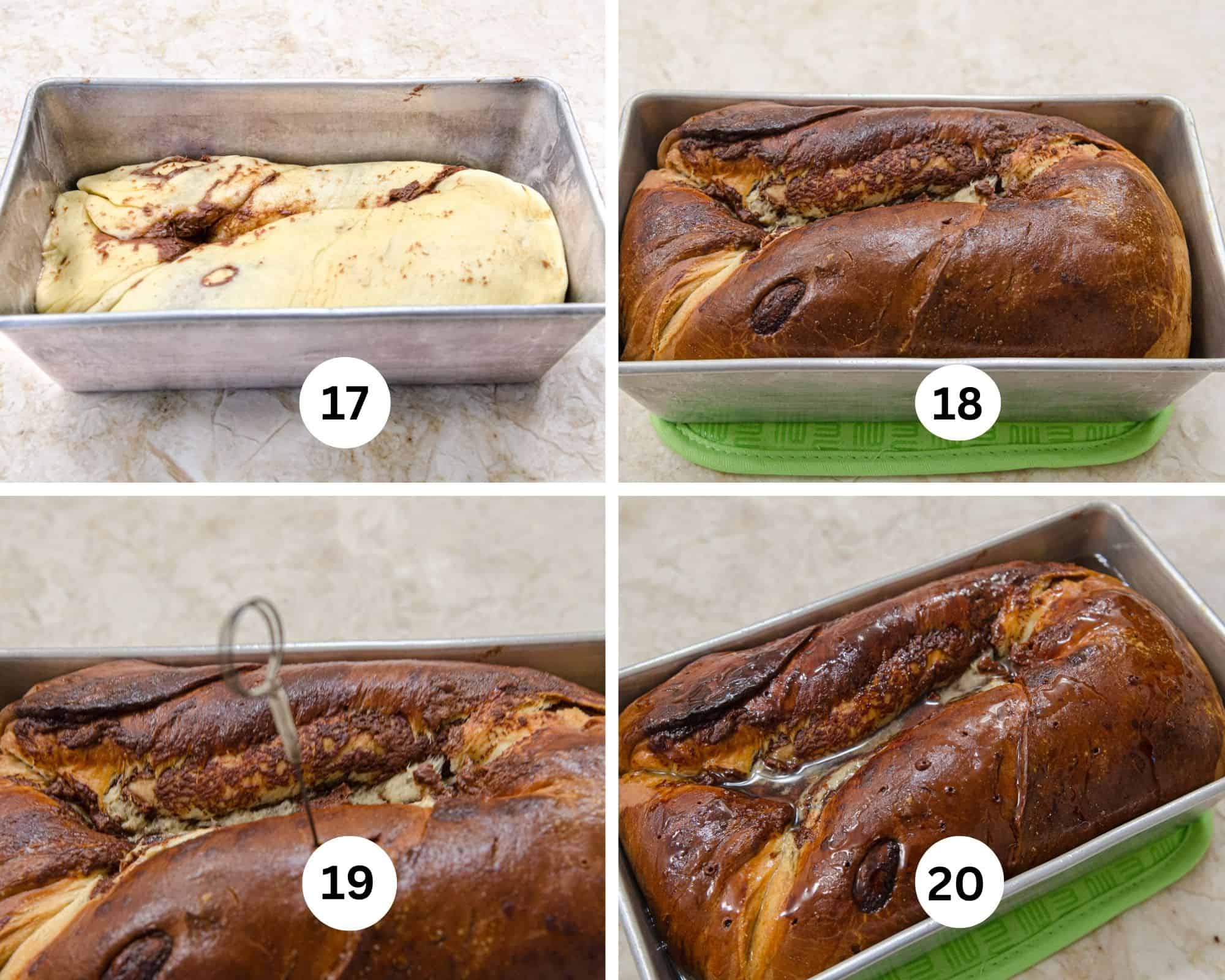 The last collage shows the babka in the pan, it is baked, holes are bing punched with a cake tester and the simple syrup poured over the chocolate babka.