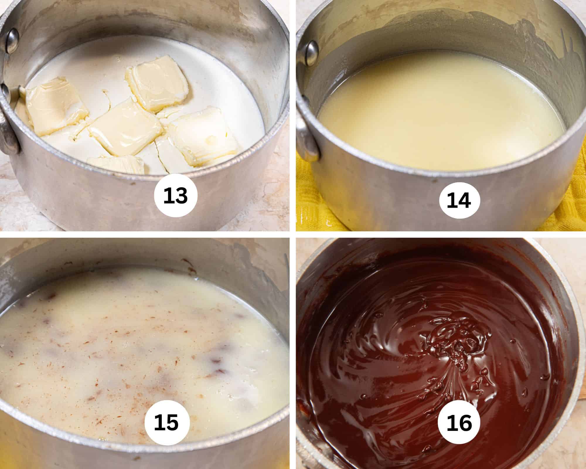 This Collage shows the Dark Satin Ganache being made with the butter, cream and corn syrup in a small pan, melted, the chocolatesubmerged and the finished ganache. 