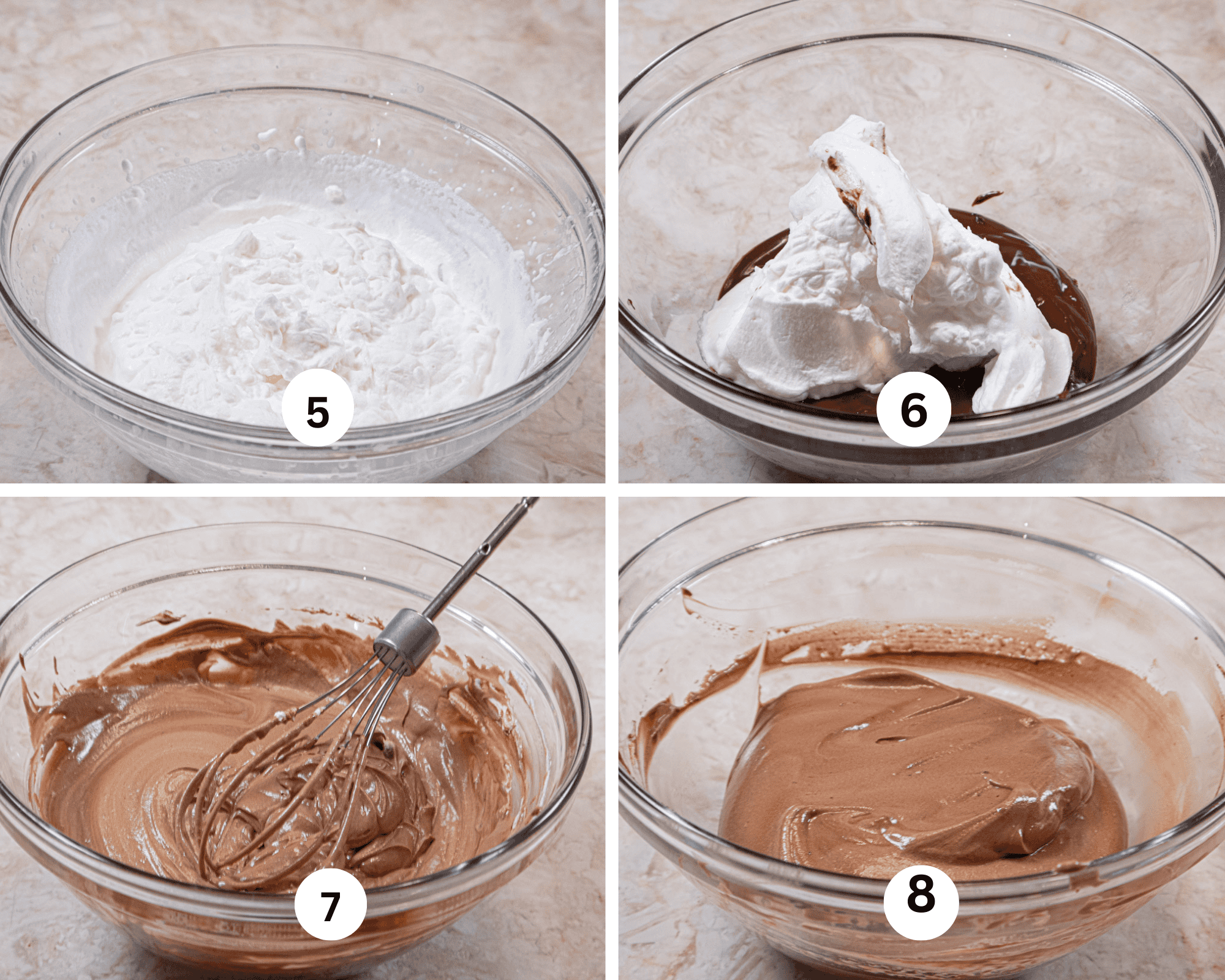 This collage shows the cream for the chocolate mousse beaten, added to the chocolate, being gently whisked in and the finished mousse. 