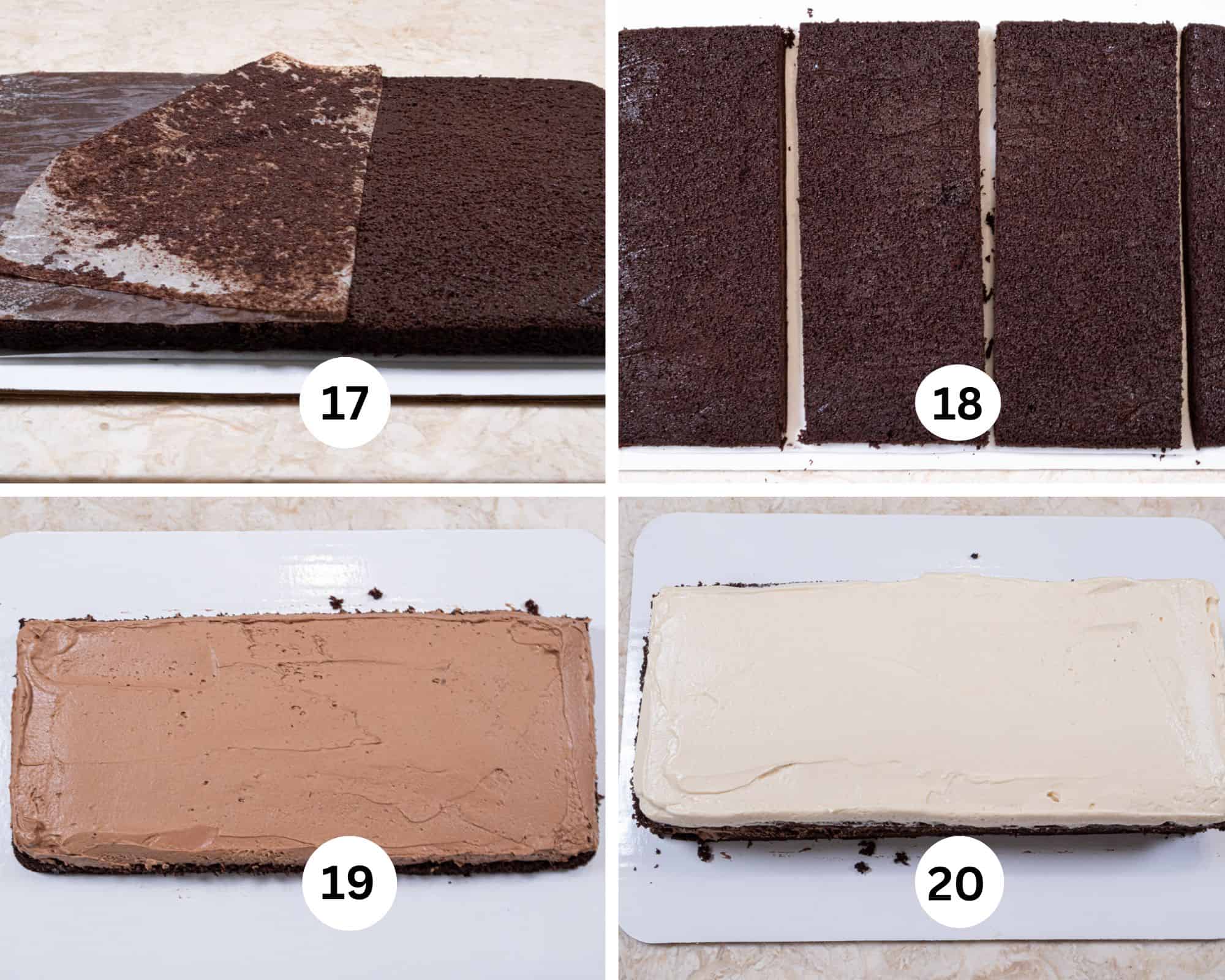 This collage shows the paper being removed from the bottom of the cake layer, the cake cut into 3 rectangles, the bottom layer spread with the chocolate mousse and the middle layer spread with the white chocolate mousse. 