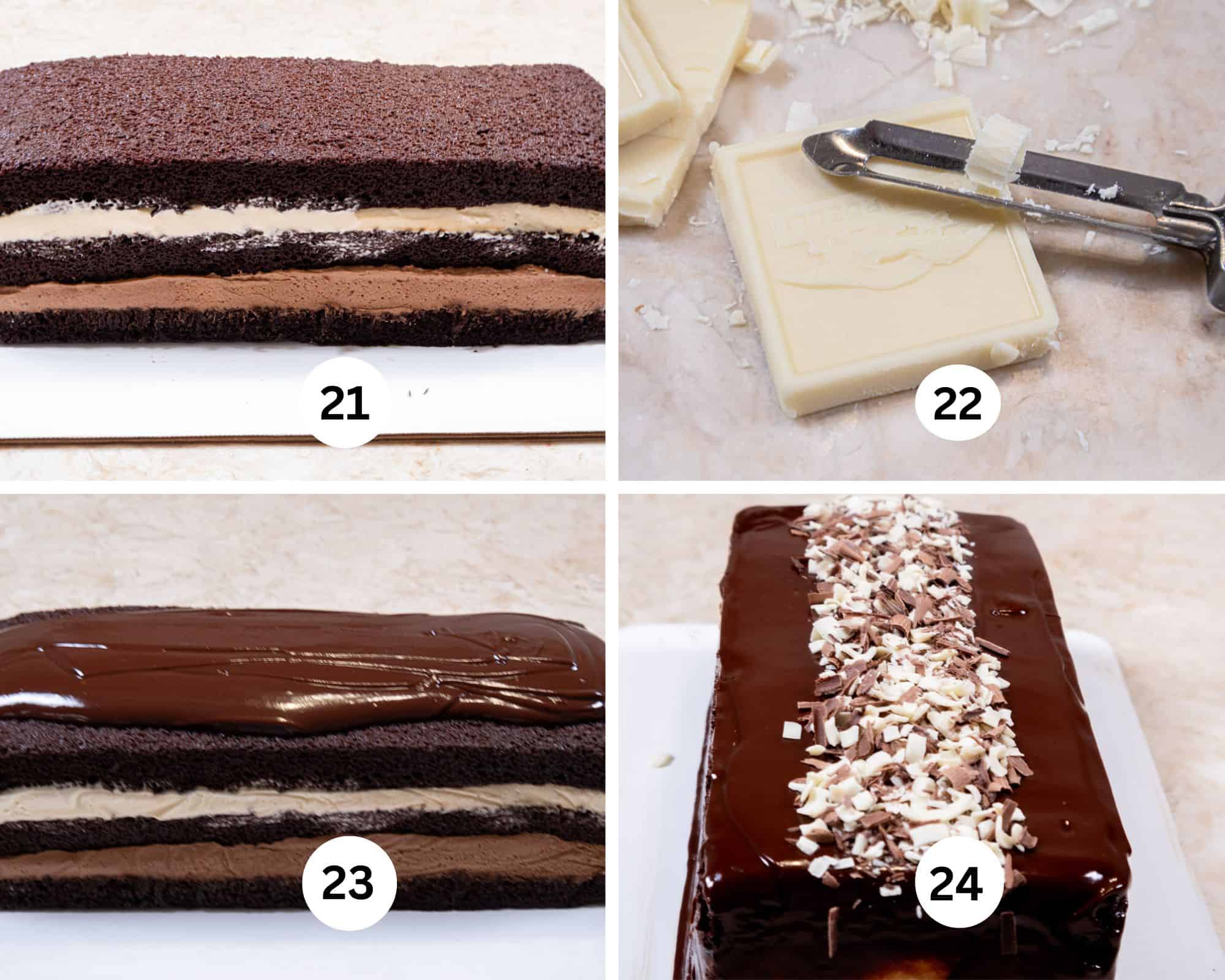 The last collage shows the assembled cake, white chocolate curls being made with a vegetable peeler, the ganache on top of the cake and the cake finished with multi colored chocolate curls. 