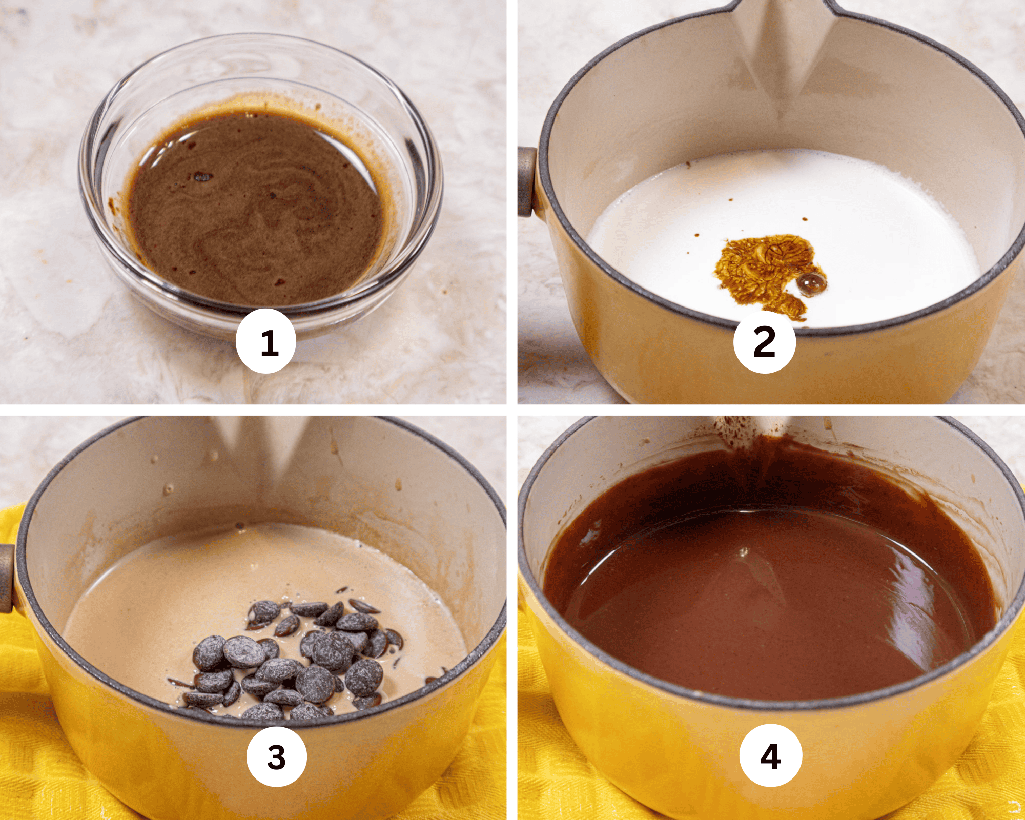 The first collage for the Tuxedo Cake shows the coffee dissolved in the vanilla, the cream and coffee in a small saucepan, the chocolate added to the hot mixture and the base chocolate mixture for the chocolate mousse.