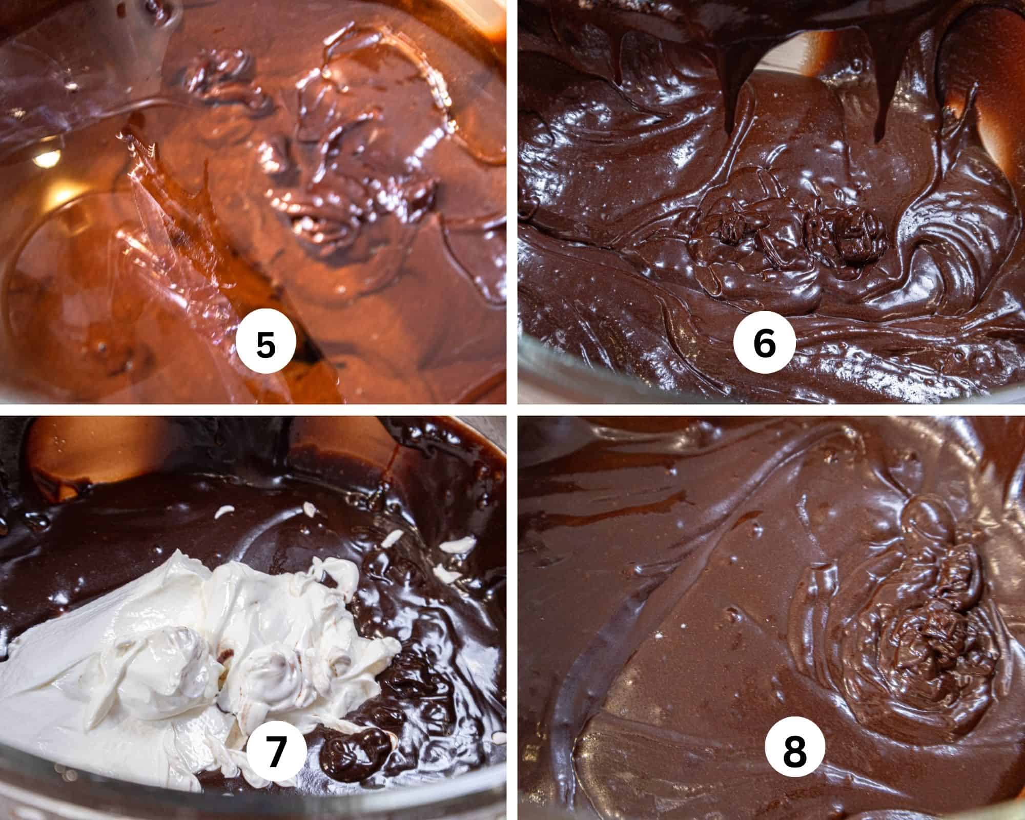 This collage showss the oil being added, mixed in, and the sour cream being added and mixed in. 