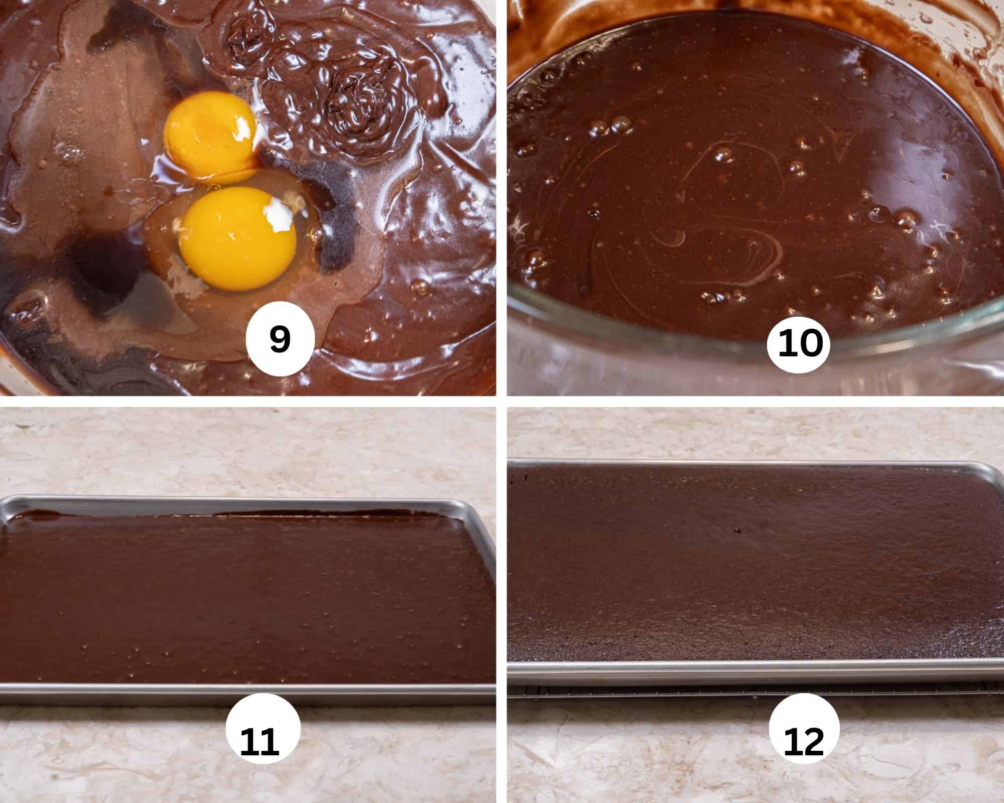 The last collage for the cake includes the eggs being added, the batter finished, spread out in a half sheet pan and baked. 