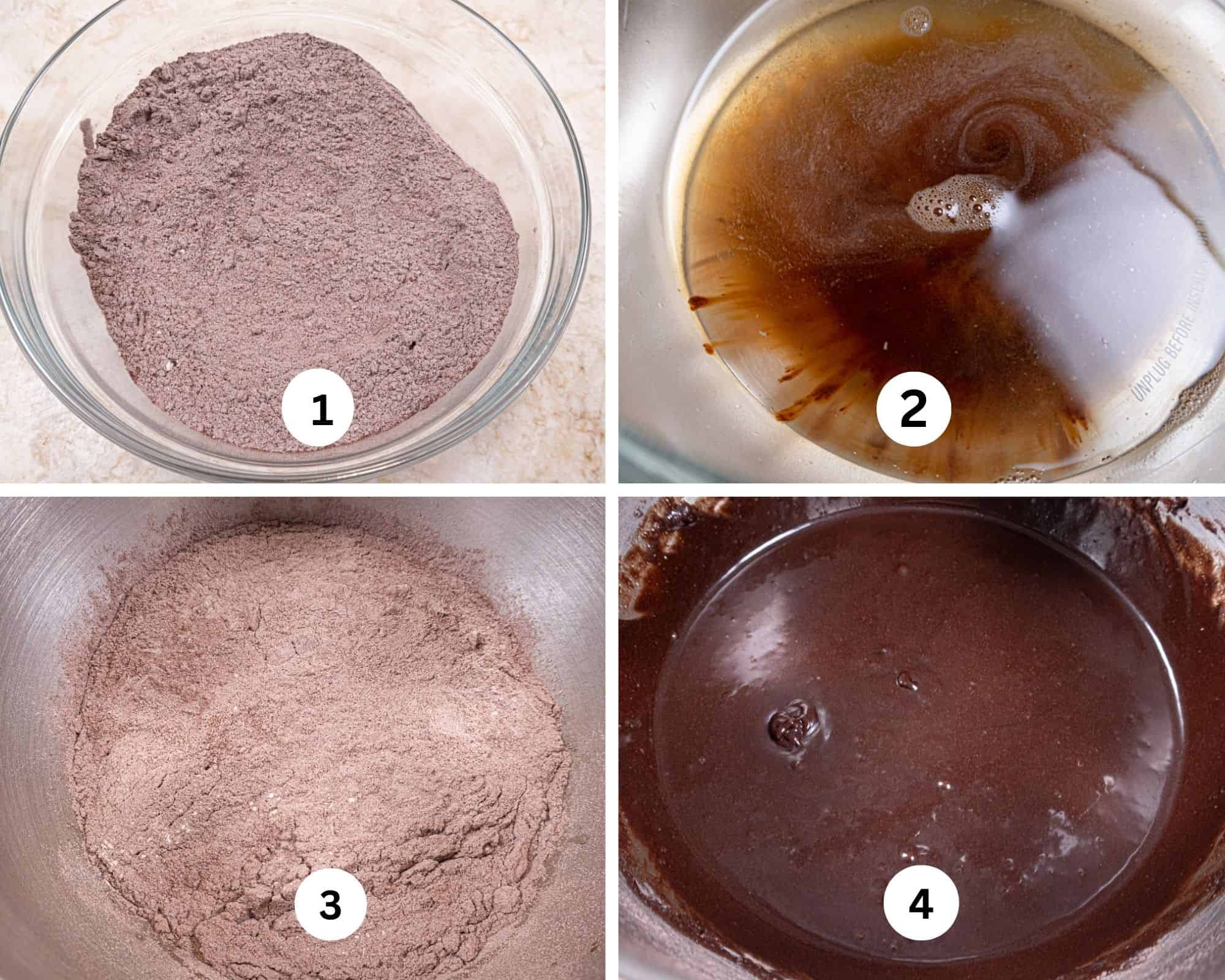 This collage for the Very Chocolate Cake shows the dry ingredients mixed together, the water and coffee in the bowl of a mixer, the dry ingredients added to the mixer and then mixed 