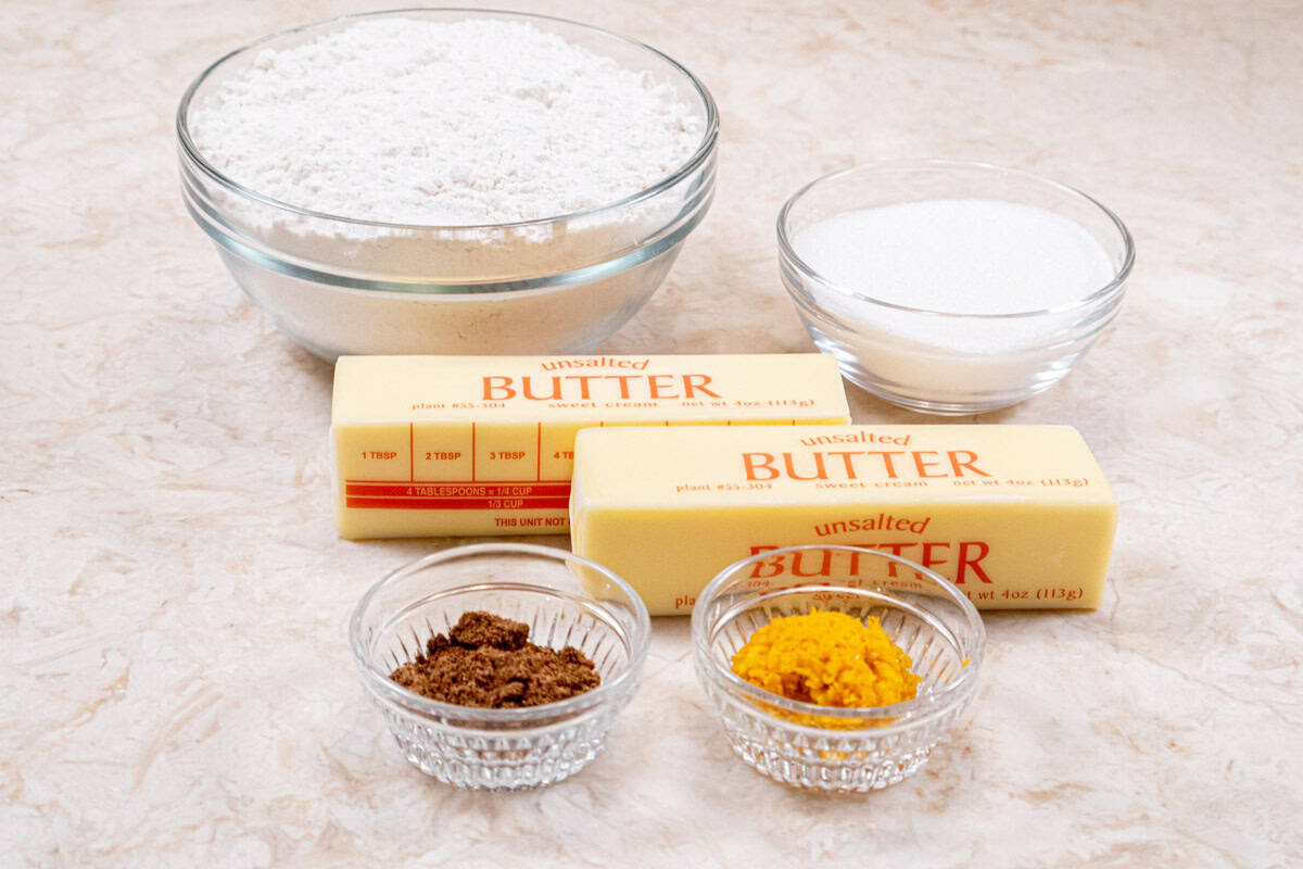 Ingredients for the Best Spiced Shortbread Cookies are all-purpose flour, granulated sugar, unsalted butter, 5 spice powder and orange zest. 