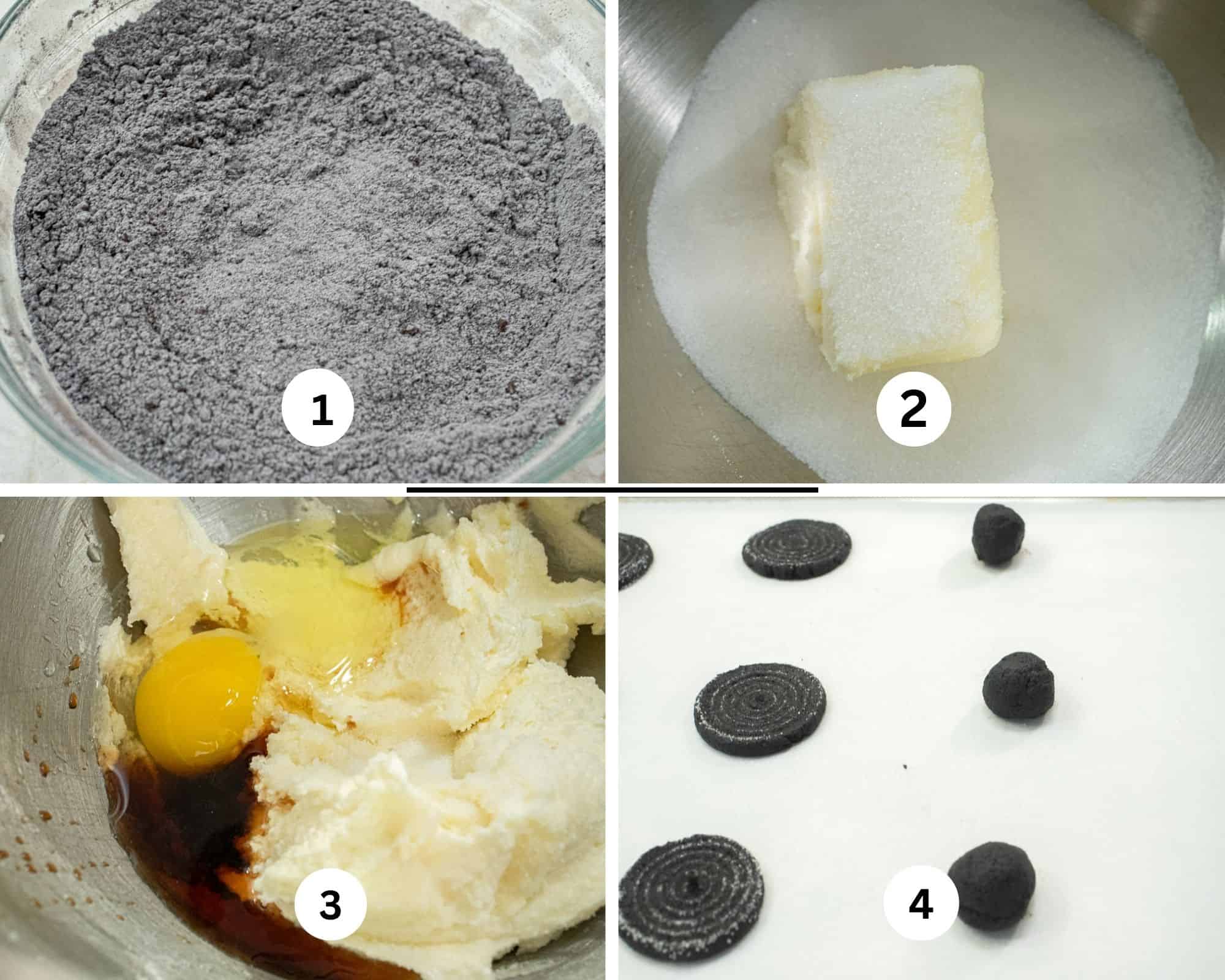 This collage for the Almost Oreo cookies shows the flour and black cocoa sifted together, the butter and sugar in a mixing bowl, the creamed butter and sugar, eggs and vanilla in the mixing bowl and the shaped cookies and cookie balls on a baking sheet. 