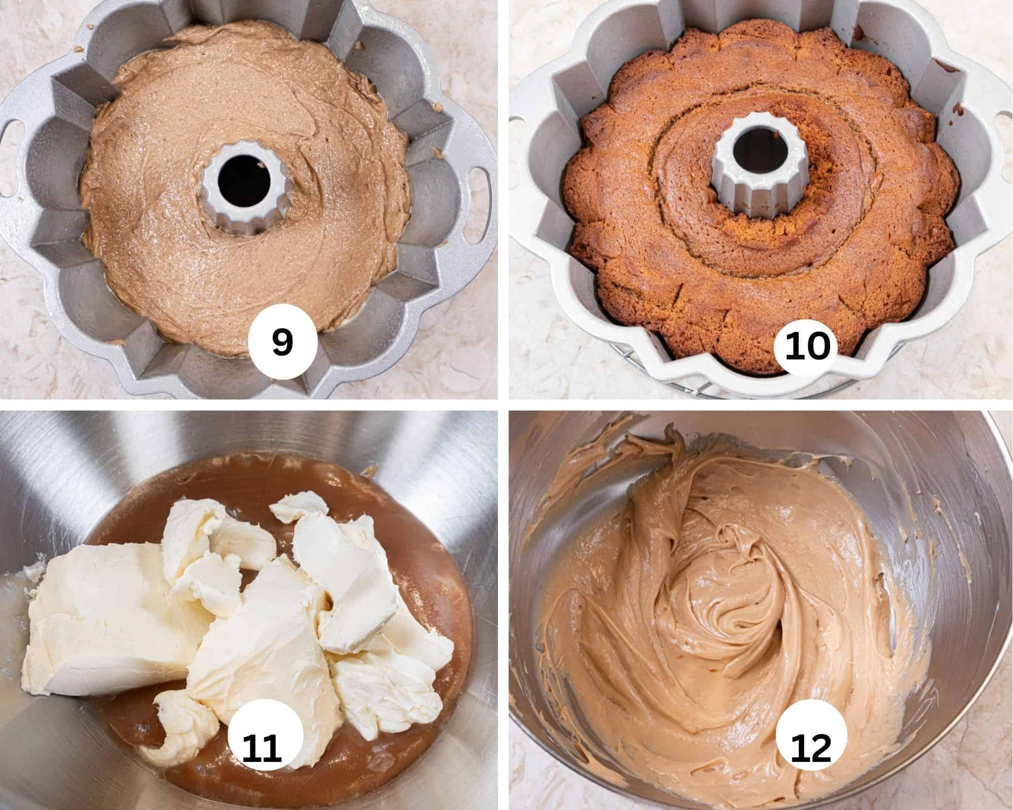 This collage shows the batter in the bundt pan and baked.  The caramel and cream in a mixing bowl and the finished frosting. 