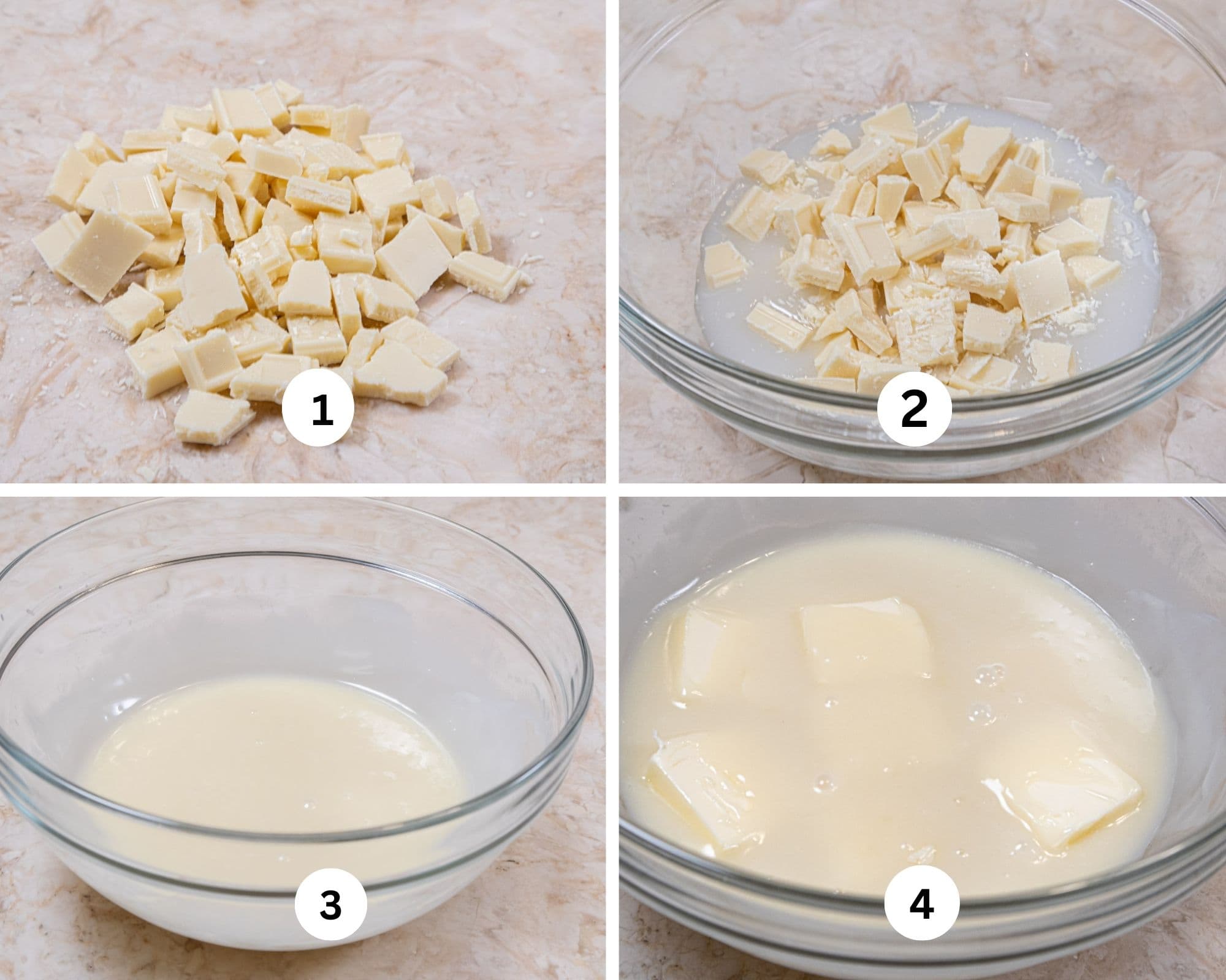 The first collage for the coconut filling shows the white chocolate chopped, in the bowl with the cream, combined and the butter added. 