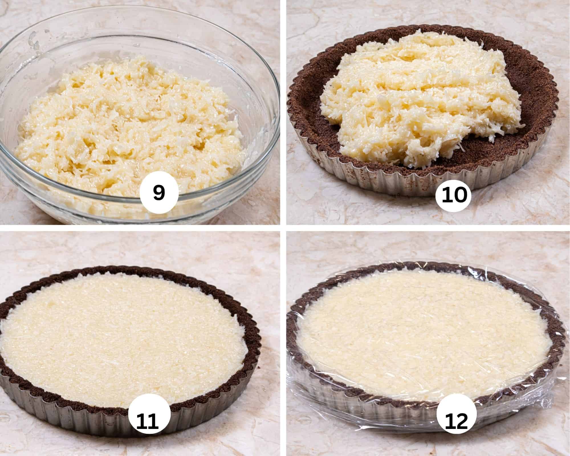 In the collage the coconut has been stirred into the liquid, poured into the chocolate shell, smoothed out and covered with film. 
