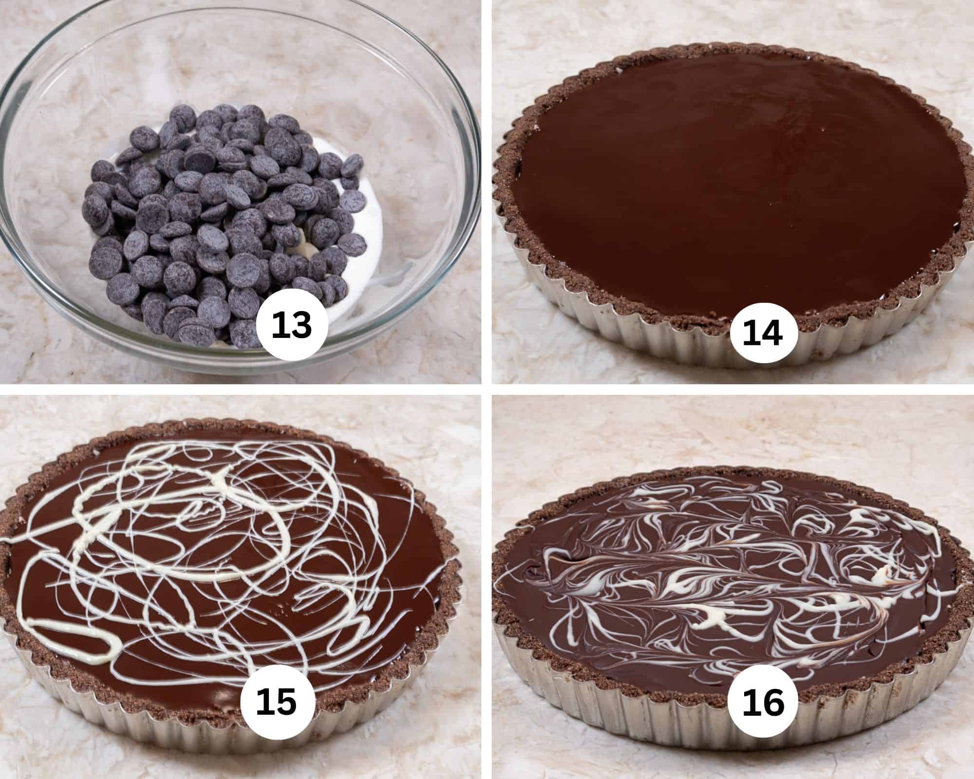 The last collages shows the chocolate, cream, corn syrup and butter in a small bowl, the ganache on the tart, the white chocolate circles on top and the finished, marbelized tart. 