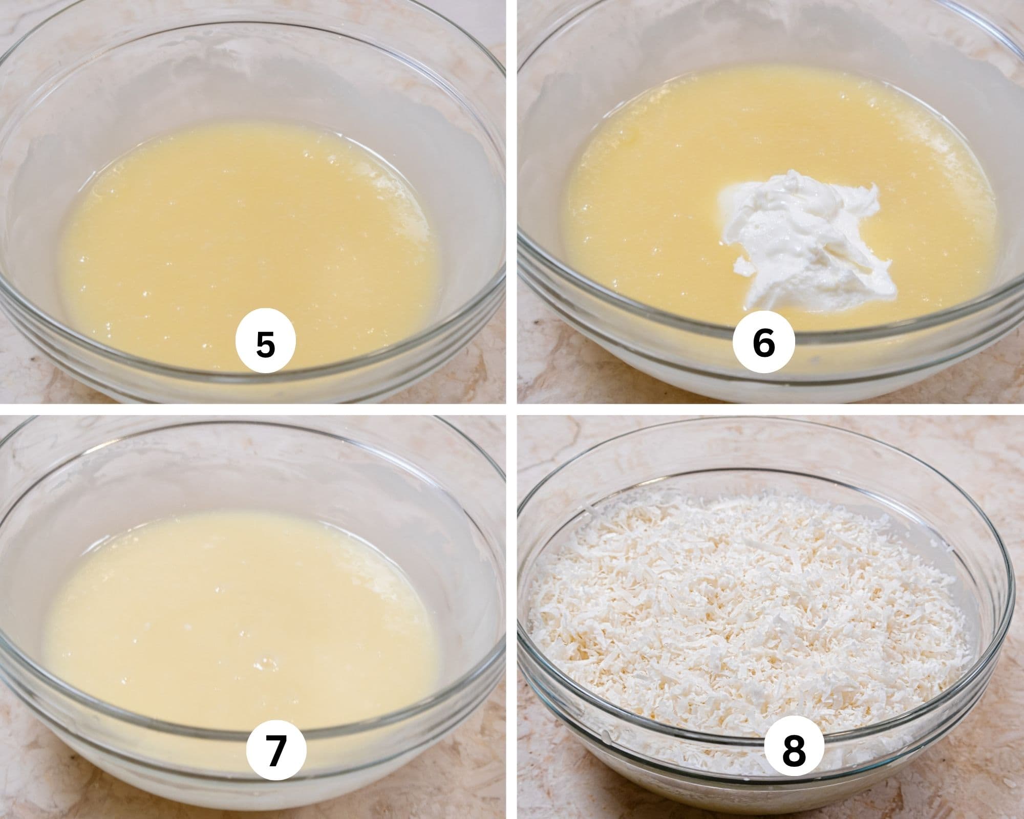 In this collage the butter has been melted in, the sour cream added and whisked in followed by the coconut. 