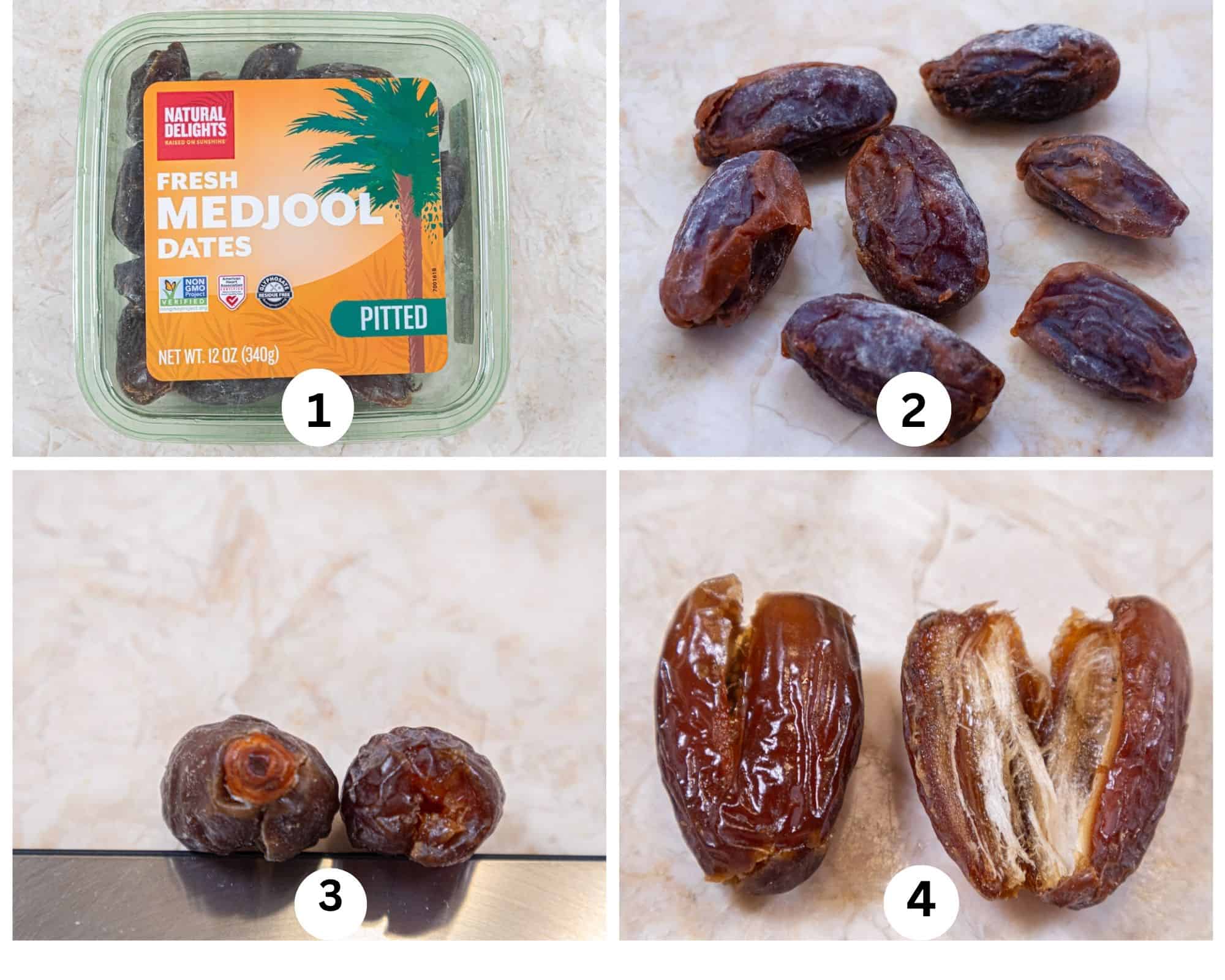 This collage on dates shows the package of Medjool dates, the dates out of the package, two dates one with the stem end, one withough and the date split open to show no seed.