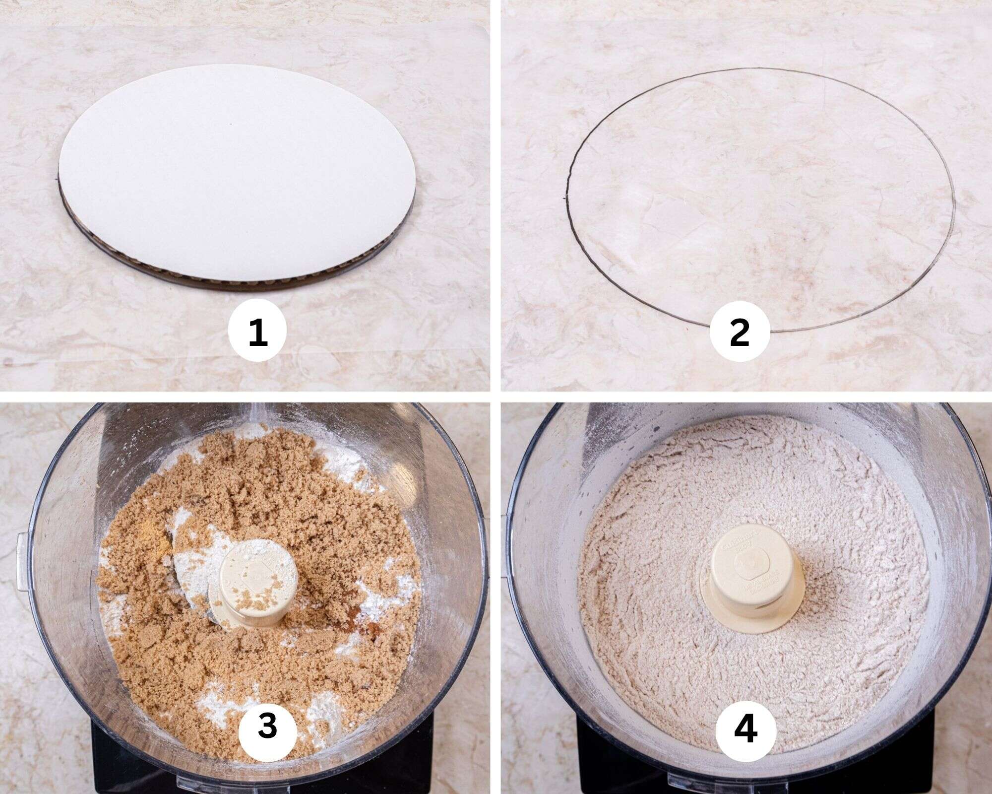 The first collage shows a cardboard circle on waxed paper, drawn around, dry ingredients i the processor, and processed.