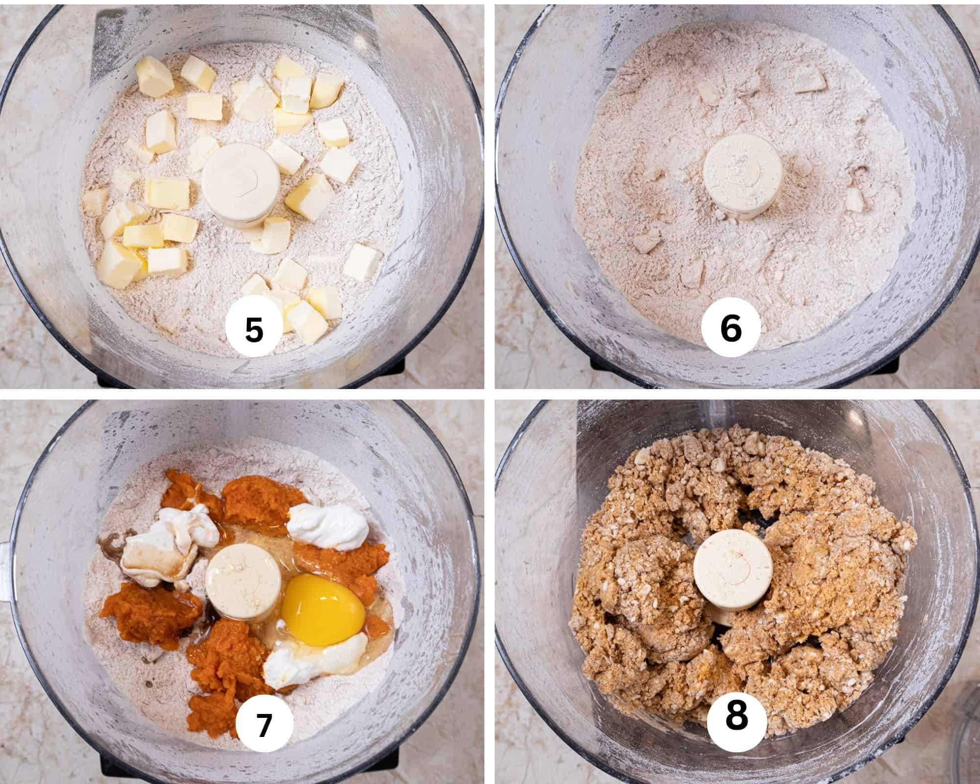 The second collage shows the frozen butter over the flour mixture, cut in with pieces off butter visible, the pumpkin puree, egg, sour cream and vanilla added and mixed.