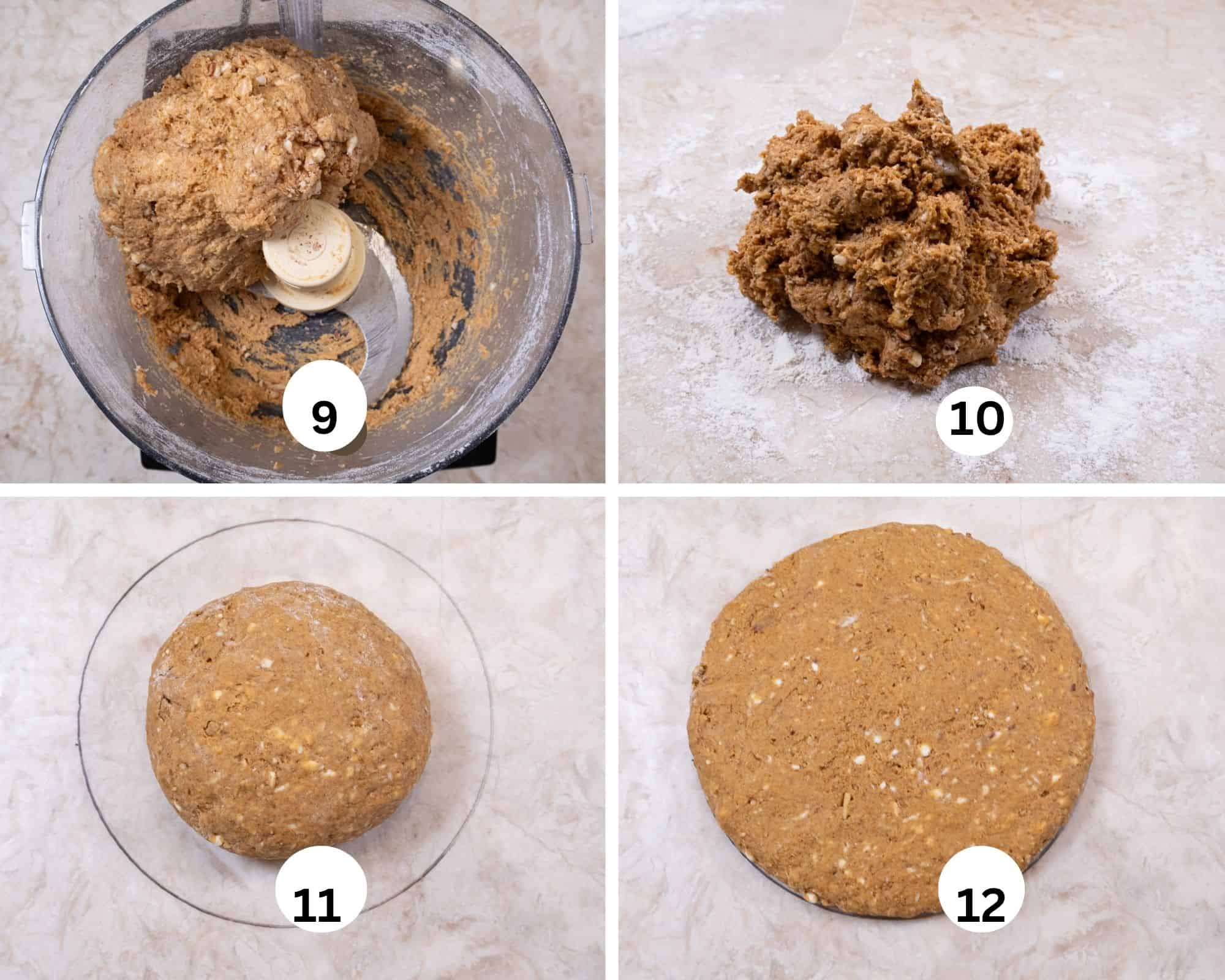 This collages, shows the finished batter with the pecans added, it's turned out onto a lightly floured table, shaped into a round placed inside the circle on the waxed paper and patted out to fill the round.