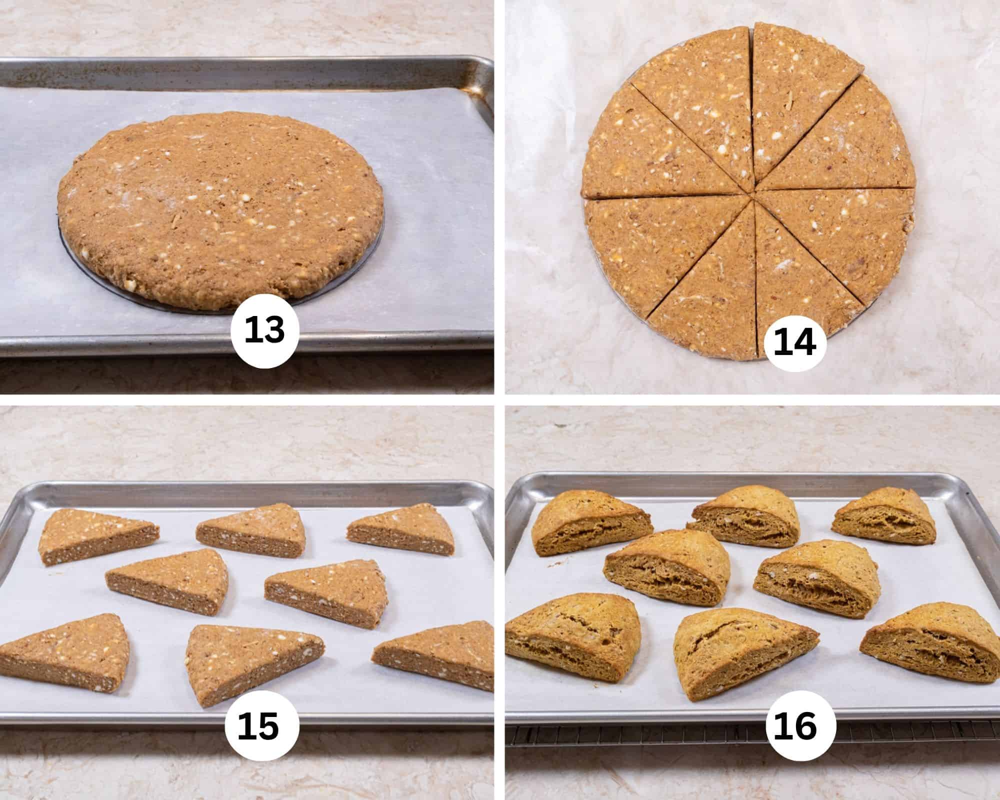 This collage shows the waxed paper with the patted out round placed on a baking sheet, then cut into 8 wedges which are placed on a baking sheet and then baked.