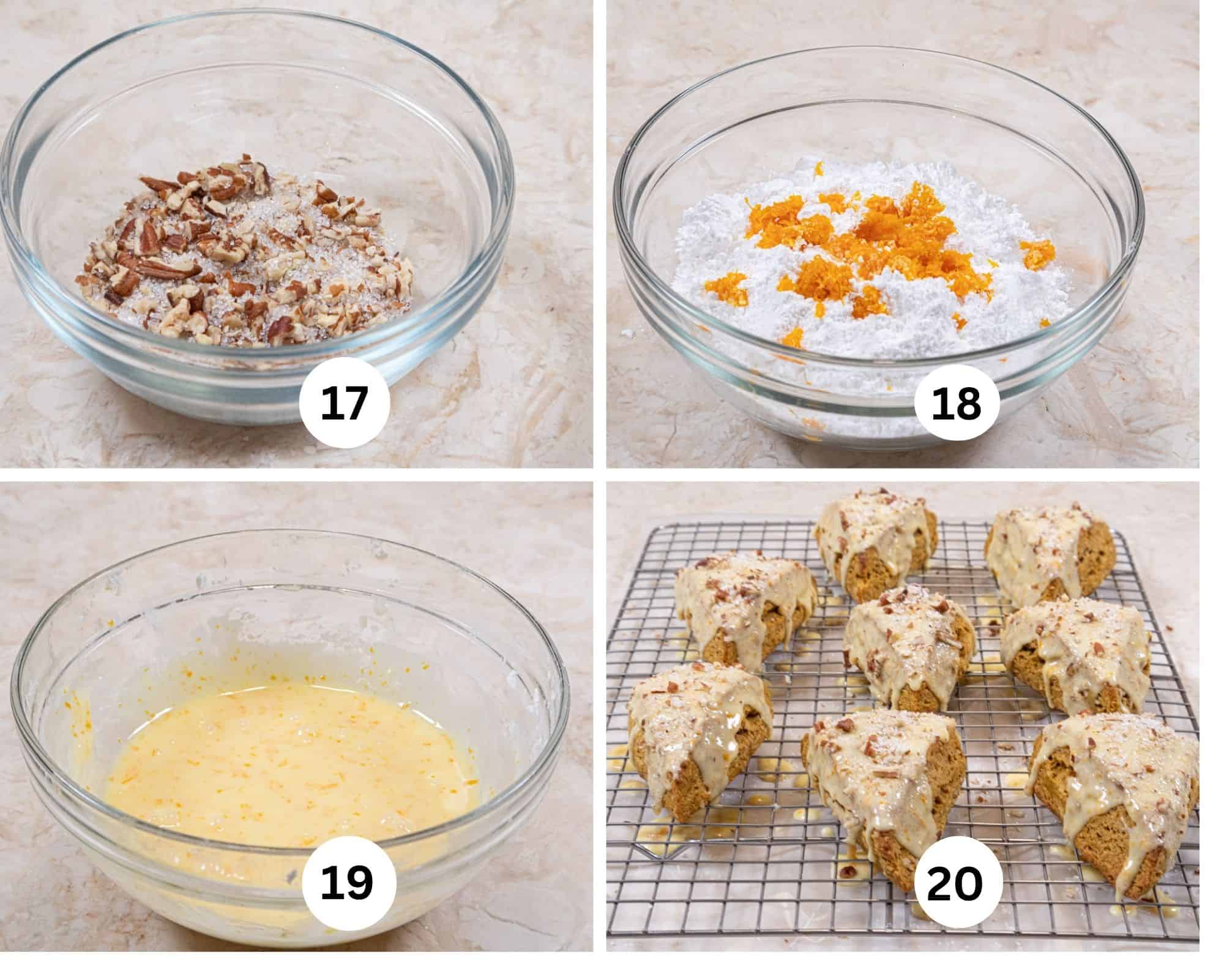 The last collage shows the glaze with the toasted pecans and sanding sugar mixed in a bowl, the orange zest over the powdered sugar, the glaze mixed and the scones on a cooling rack glazed and sprinkled with the pecan/sugar mixture,