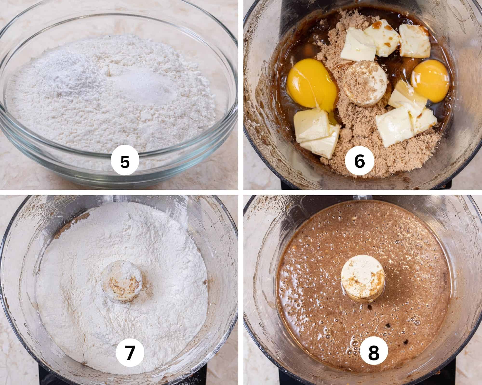 This collage shows the flour, salt and baking powder in a bowl to be mixed, the eggs, butter, sugar and vanilla added to the bowl and mixed, the flour added and the final batter.