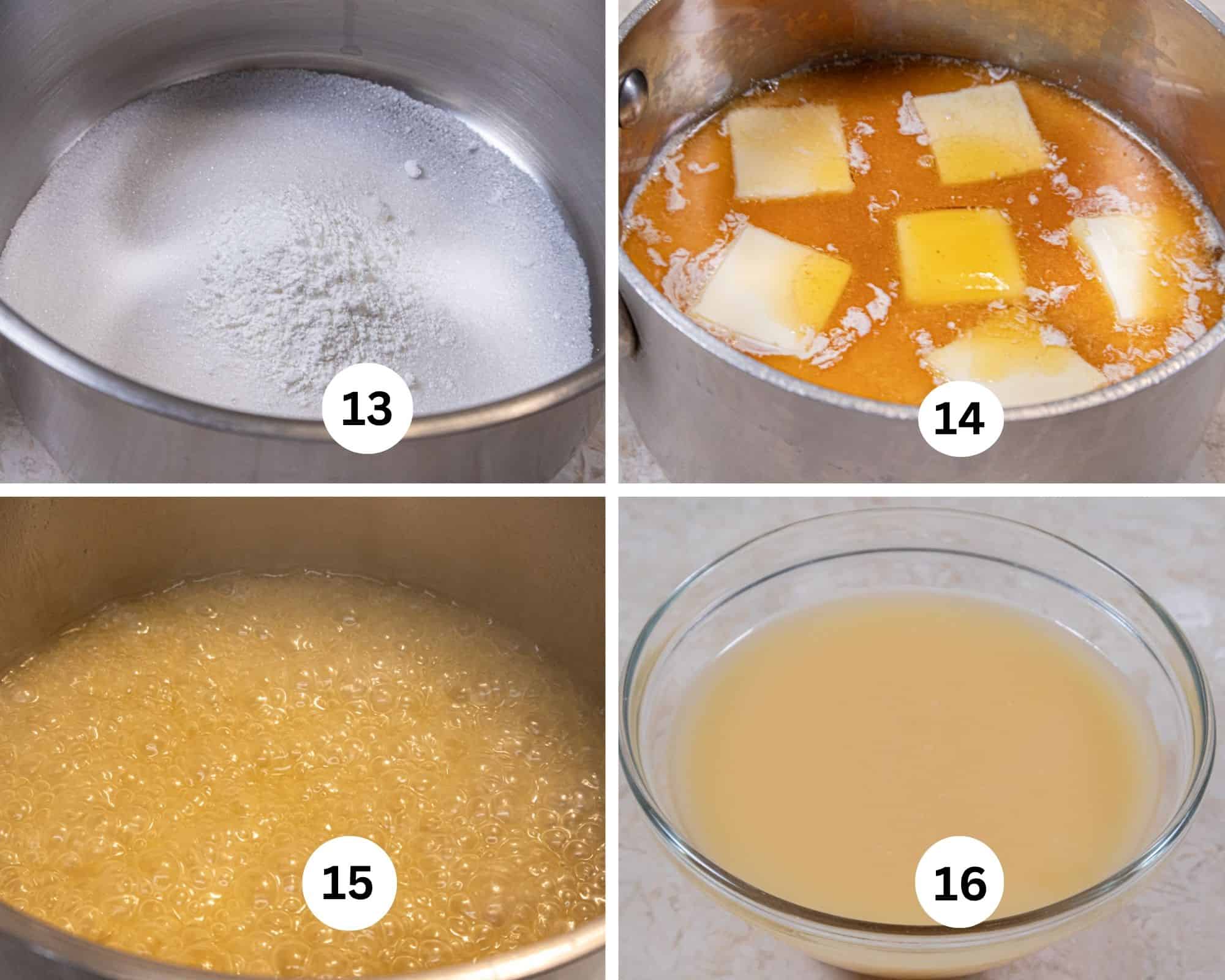 The Lemon Sauce shows the sugar and cornstarch being mixed, all the ingredients in a medium pan, brought to a rolling boil and the finished sauce.